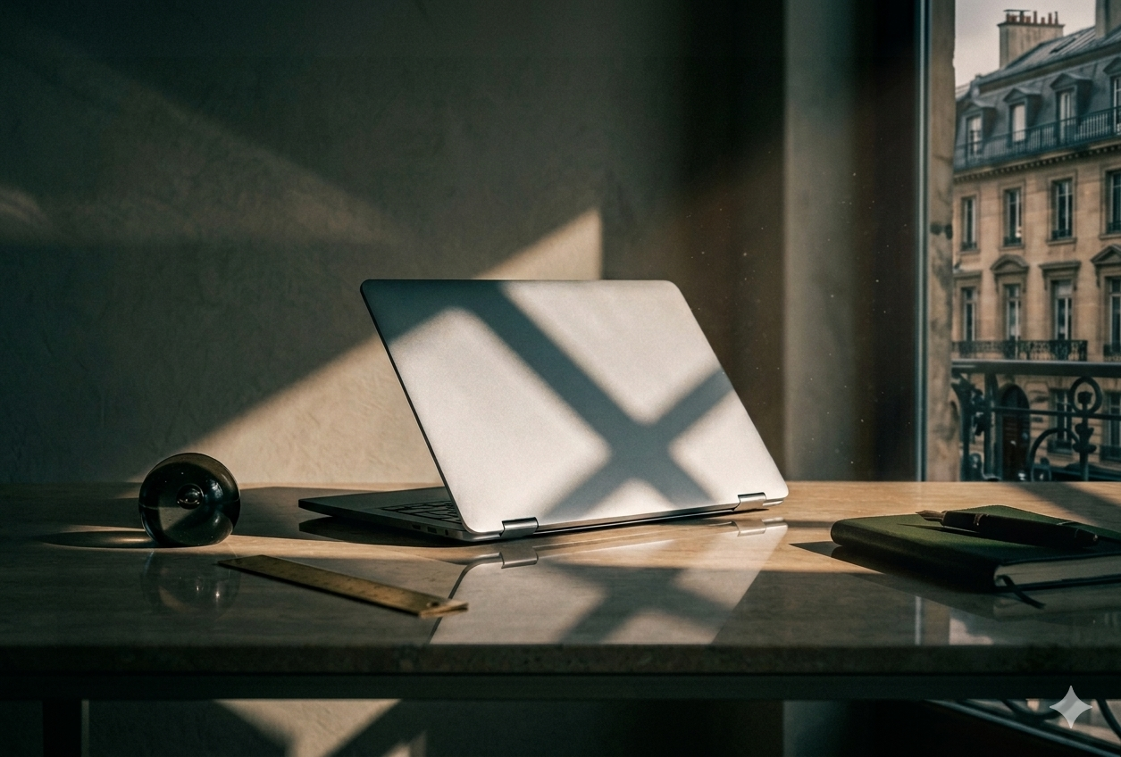 Sunlight casting shadows through a window onto a laptop, notebook, pen, and a small round black object on a wooden desk.