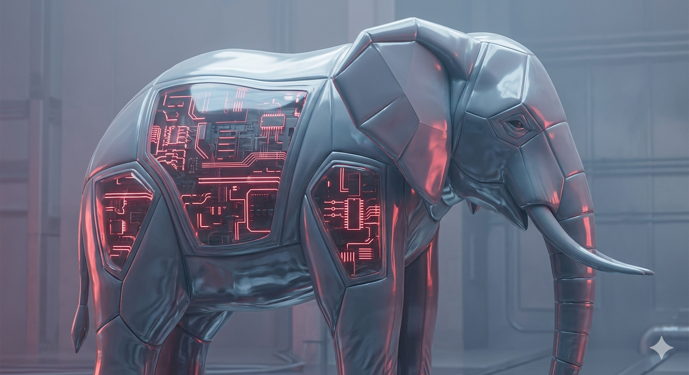 A robotic elephant with a metallic body and glowing red circuitry visible on its sides, standing in a futuristic setting.
