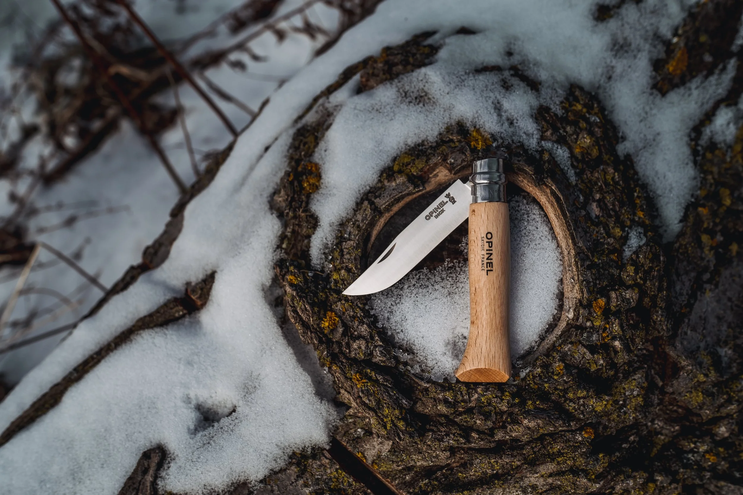 A small folding knife with a wooden handle resting on a snow-covered tree stump, with snow and branches surrounding it.