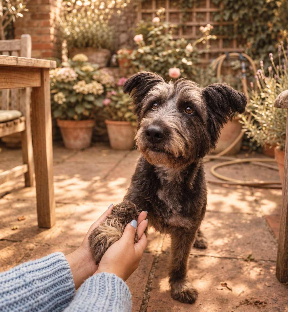 Un chien à poil mi-long avec des poils gris et noirs, qui regarde vers la caméra, en train de serrer la main d'une personne. La scène se déroule dans un jardin avec des pots de fleurs, des plantes et une clôture en bois en arrière-plan.