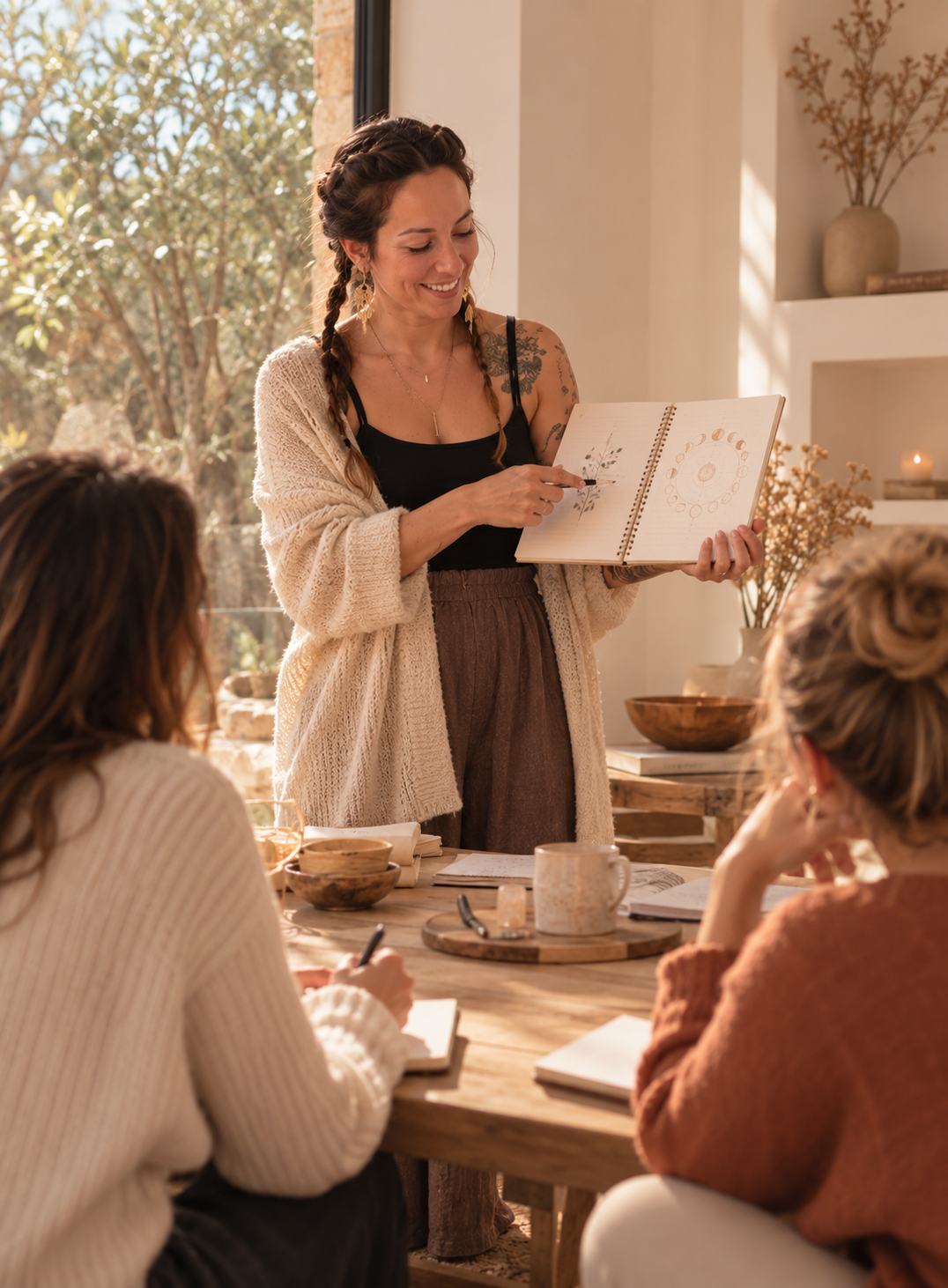 Une femme donne une présentation à un groupe de personnes assises autour d'une table en bois dans une pièce lumineuse avec une grande fenêtre laissant entrer la lumière naturelle.