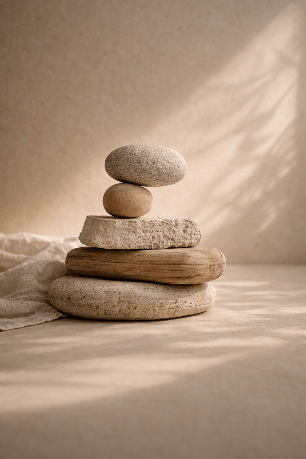 Pyramide de pierres naturelles de différentes tailles et textures posées sur une surface beige, avec un fond neutre et un éclairage doux.