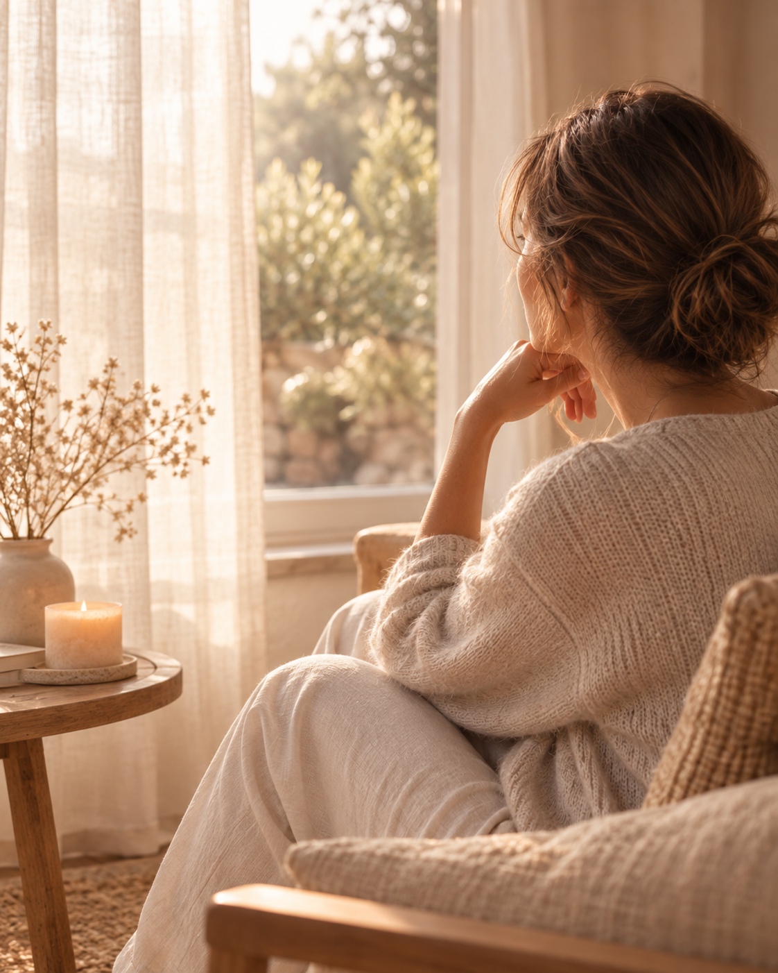 Une femme regarde pensivement par une fenêtre lors d'un matin ensoleillé, assise dans un salon confortable.