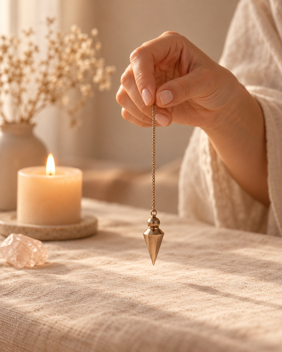 Une main tient un pendule en forme de pyramide dans un cadre calme, avec une bougie allumée et une vaisselle en céramique avec des fleurs séchées en arrière-plan.