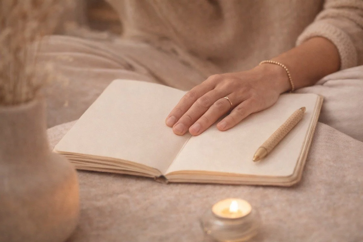 Séance intuitive Lisaura – carnet ouvert et main posée dans une lumière douce, moment d’écoute et de clarté intérieure.