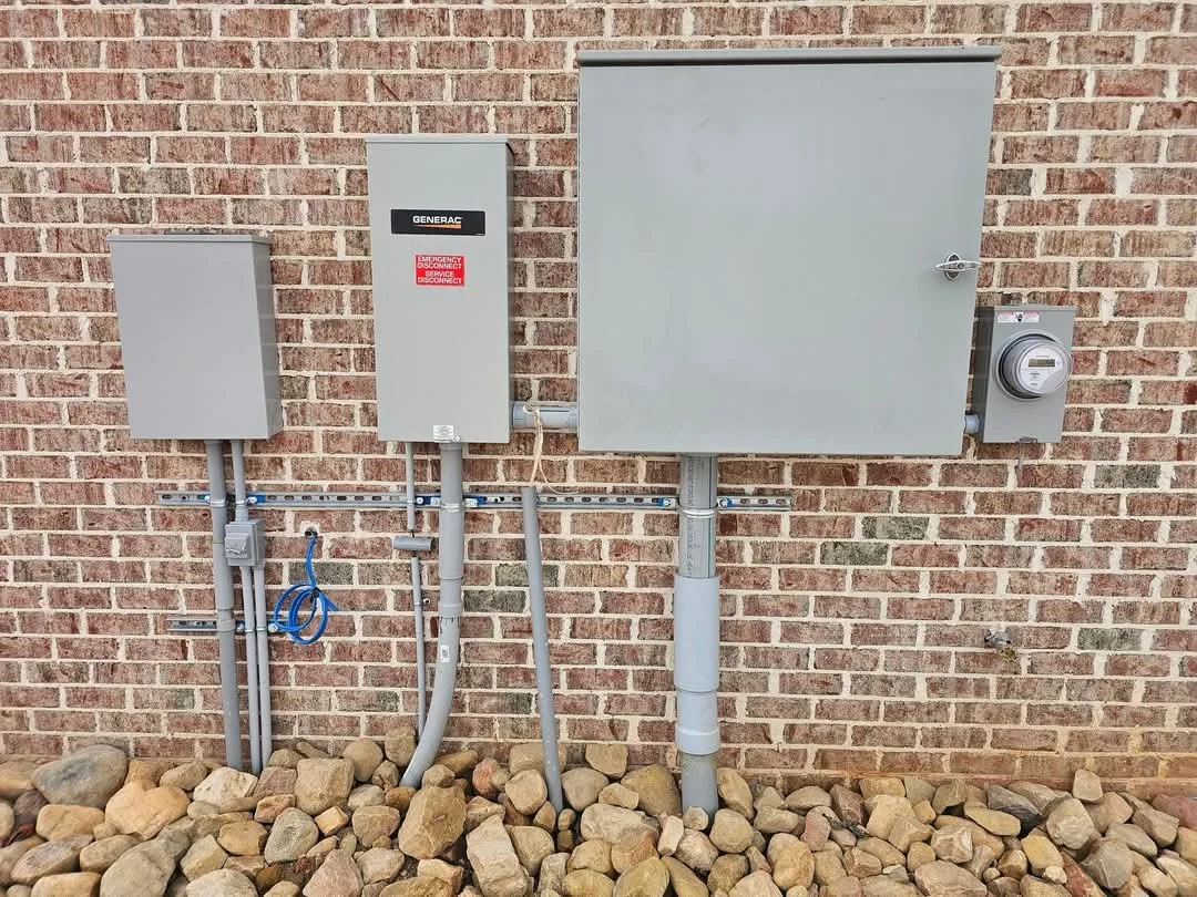Outdoor electrical components including a generator transfer switch, circuit breaker box, and meter box mounted on a brick wall, with rocks on the ground beneath.