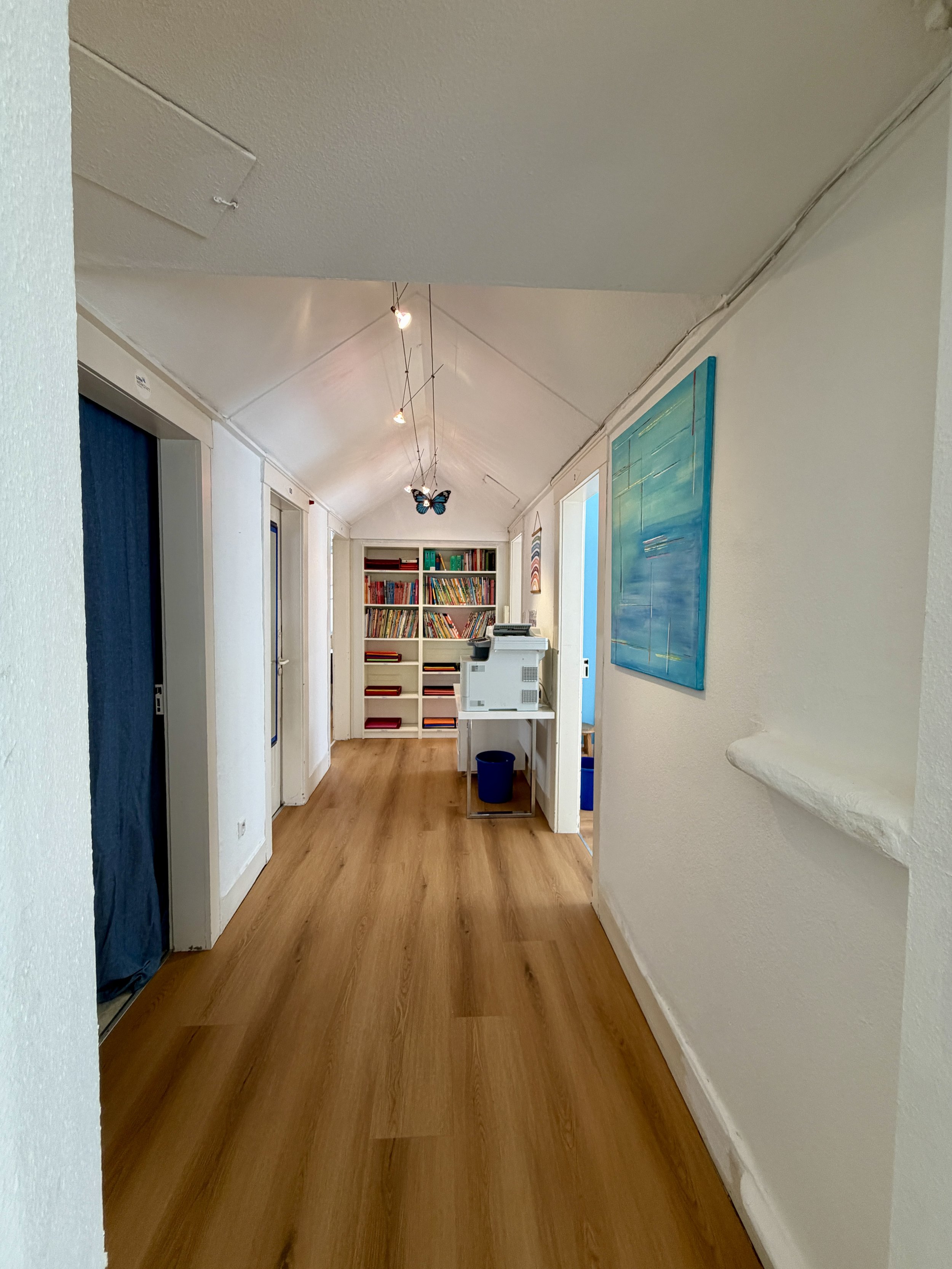 Ein heller Flur mit Holzfußboden, einer weißen Bücherregal im Hintergrund, bunten Büchern und einer Druckersoftware auf einem kleinen Tisch, Wandkunst, einem abgehängten Deckenpanel und einer blauen Tür.