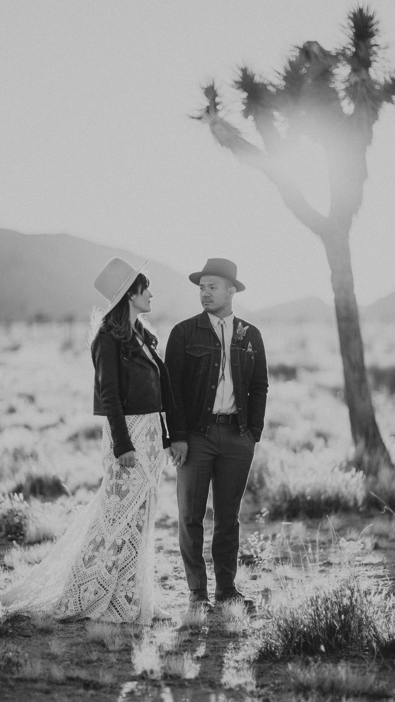 Western couple stands in Joshua Tree NP as the sun sets behind them and a Joshua tree