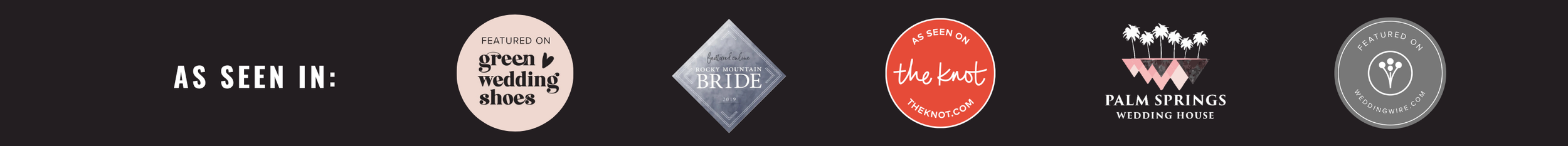 A banner displaying logos of wedding-related features and publications for Going Home Co., including Green Wedding Shoes, Rocky Mountain Bride, The Knot, Palm Springs Wedding House, and WeddingWire.
