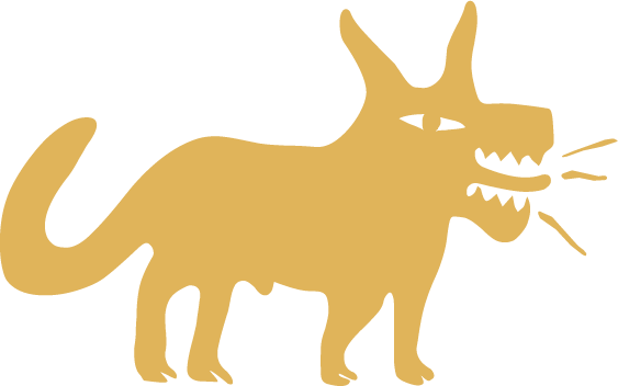 Silhouette of a dog with exaggerated features, including large ears and sharp teeth, drawn in gold color