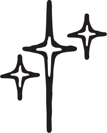 Stylized illustration of stars or sparkles, consisting of four black star-shaped figures on a transparent background.