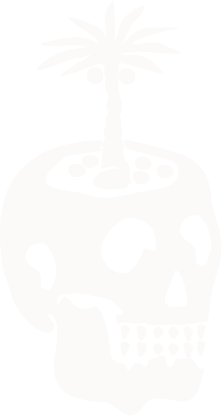 A skull with a small palm tree growing out of the top