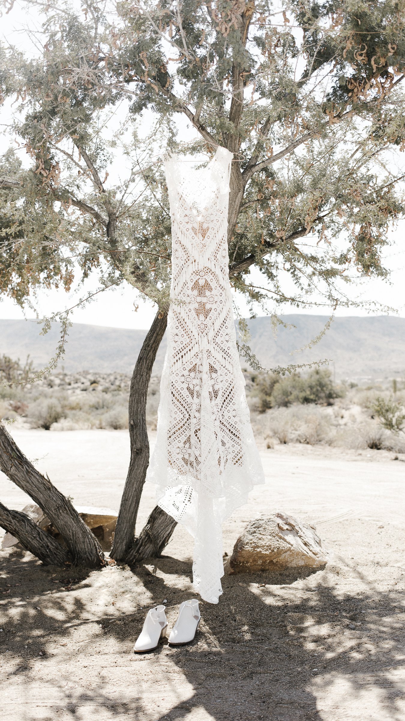 rue de seine dress hung from a mesquite tree outside the ruin venue getting ready location