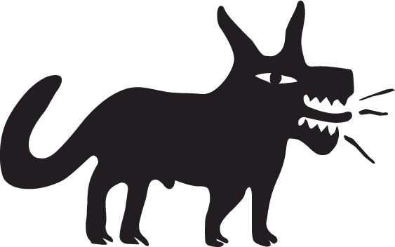 Silhouette of a hybrid creature with the body of a dog, and horns, teeth, and tongue like a demon.