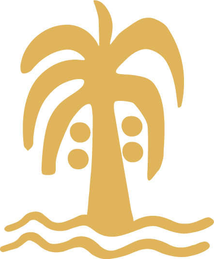 A cartoon of a palm tree with water underneath, designed in gold color on a black background.