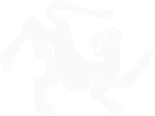Black and white illustration of a lion with a fierce expression, standing on all fours.