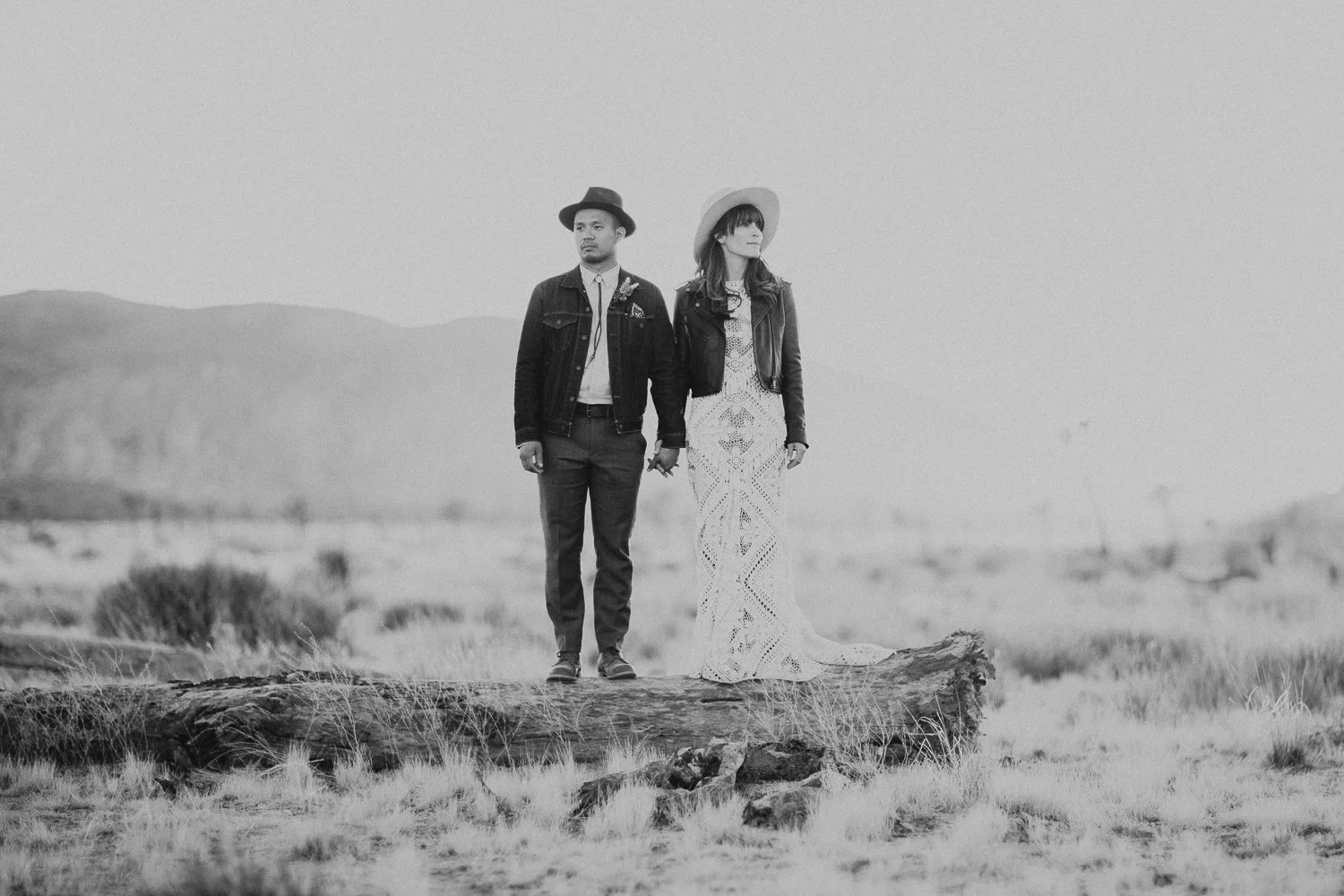 wedding couple stand side-by-side on a fallen old tree outside of Joshua Tree National Park