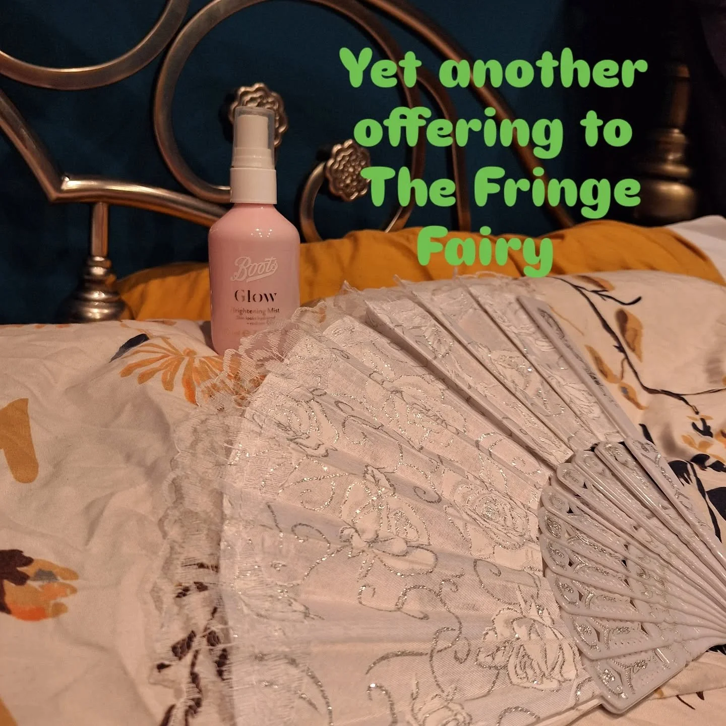 Hello, everyone! 😁

I hope you are all excited for the third batch of show releases tomorrow. My offering to The Fringe Fairy today is a paper fan and a bottle of cooling mist, essential items to bring to Fringe to beat the heat in concrete building