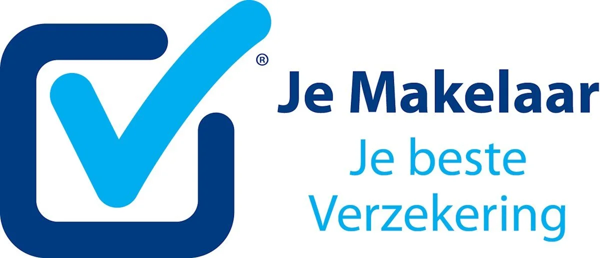 Logo met een blauwe vink binnen een vierkant en de tekst 'Je Makelaar', 'Je beste Verzekering'