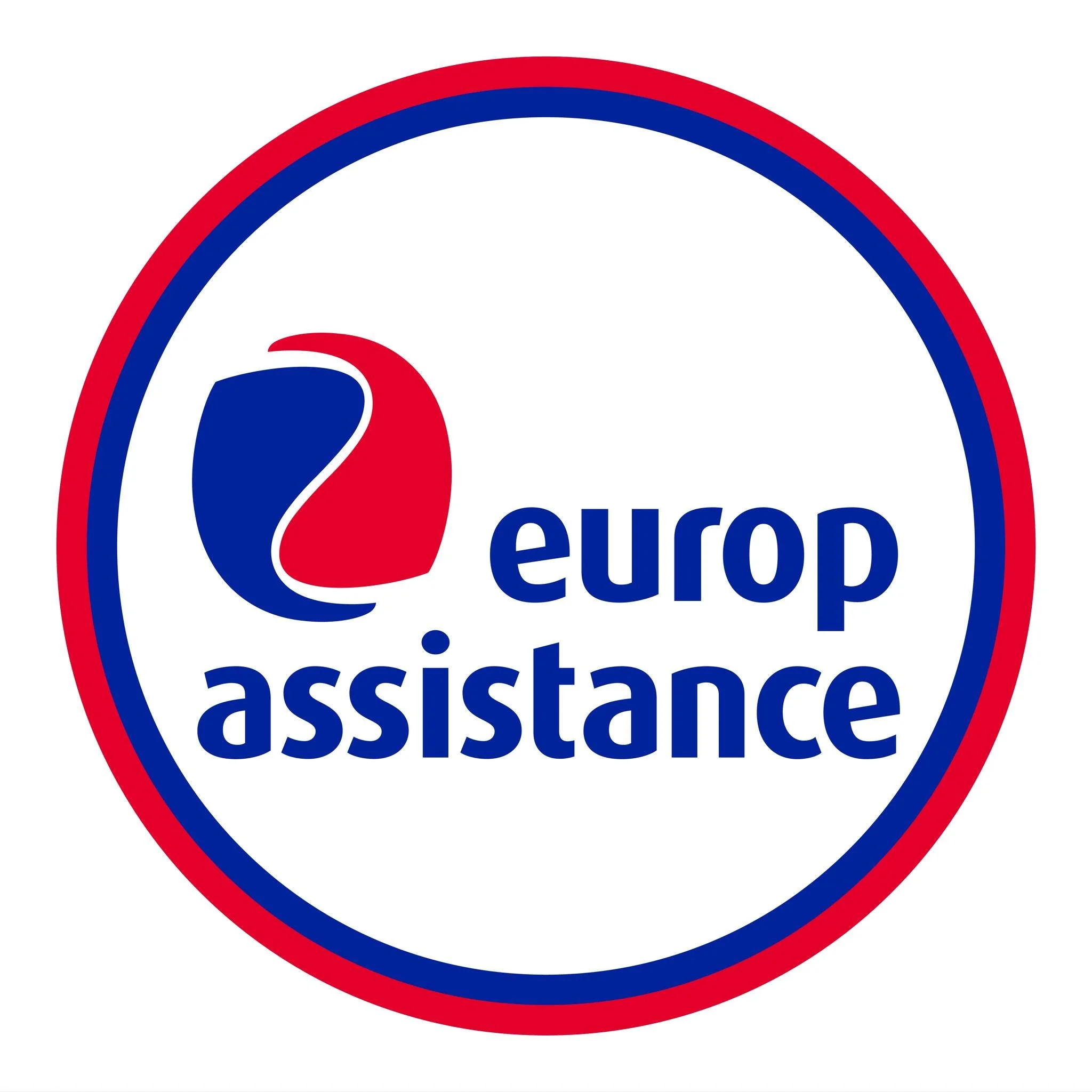 Logo van Europ Assistance met een wit achtergrond, een rode en blauwe cirkel, en een rood en blauw gestileerd 'e'-symbool met de tekst 'europ assistance' ernaast.