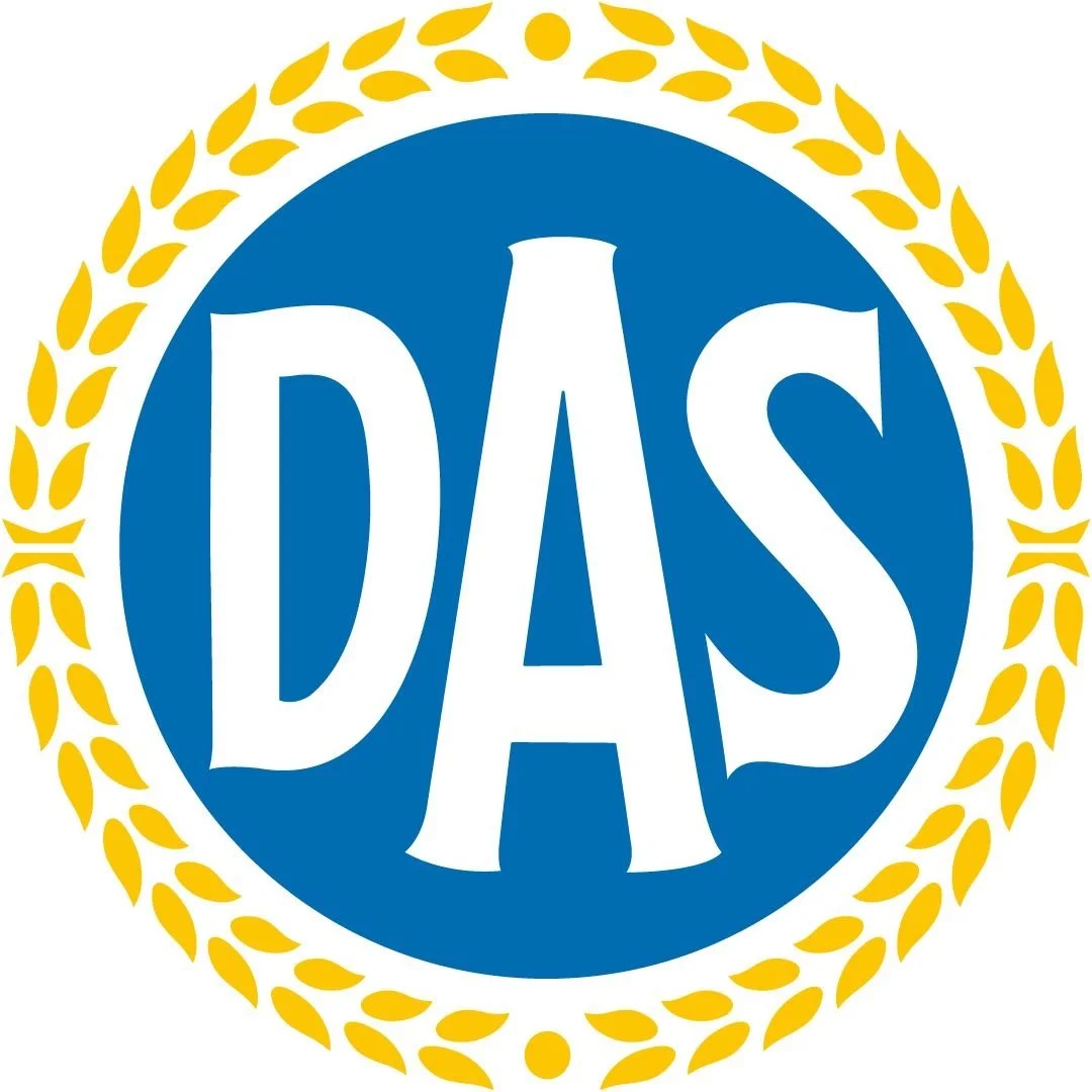 Logo met de letters D.A.S in een blauwe cirkel, omringd door een gele bladkrans.