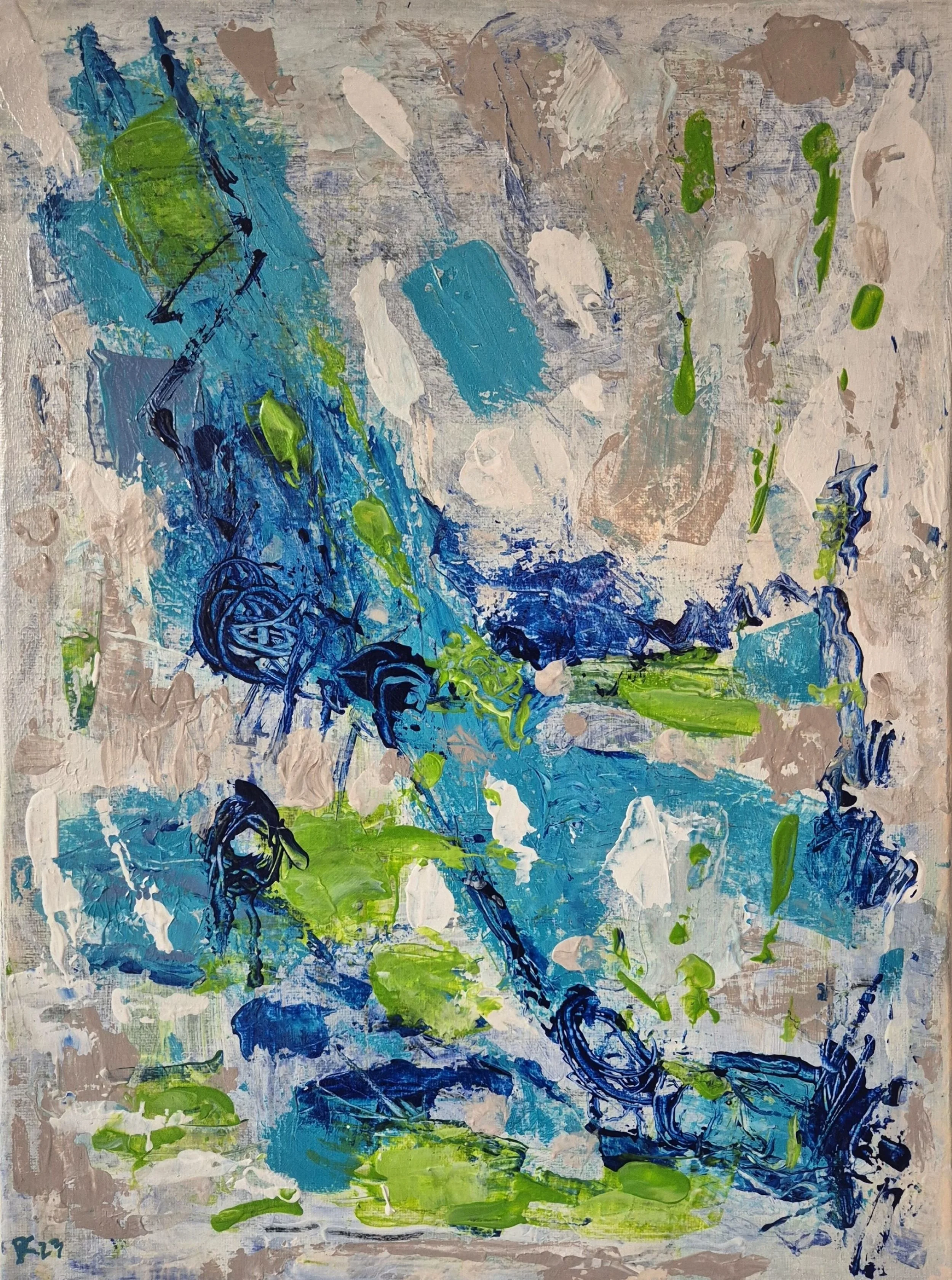 Abstract painting with layered blue and green movements suggesting flow and current