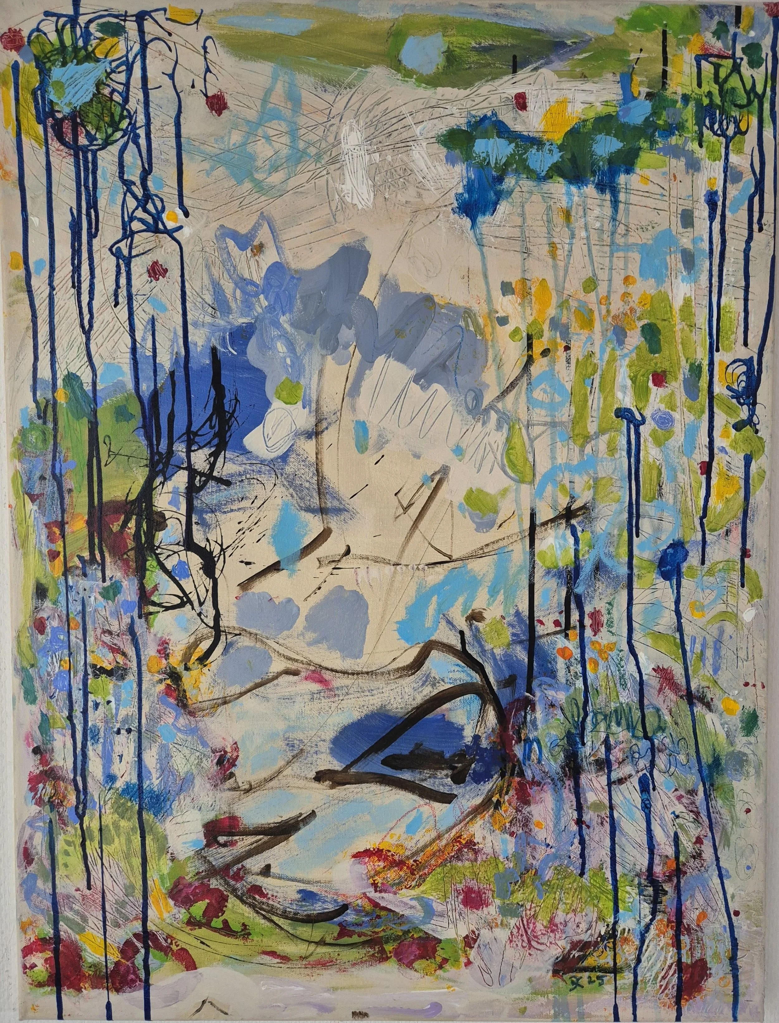 Abstract painting by Daniela Knobel with layered brushwork, vertical drips, and a dynamic interplay of blue, green, and earthy tones.