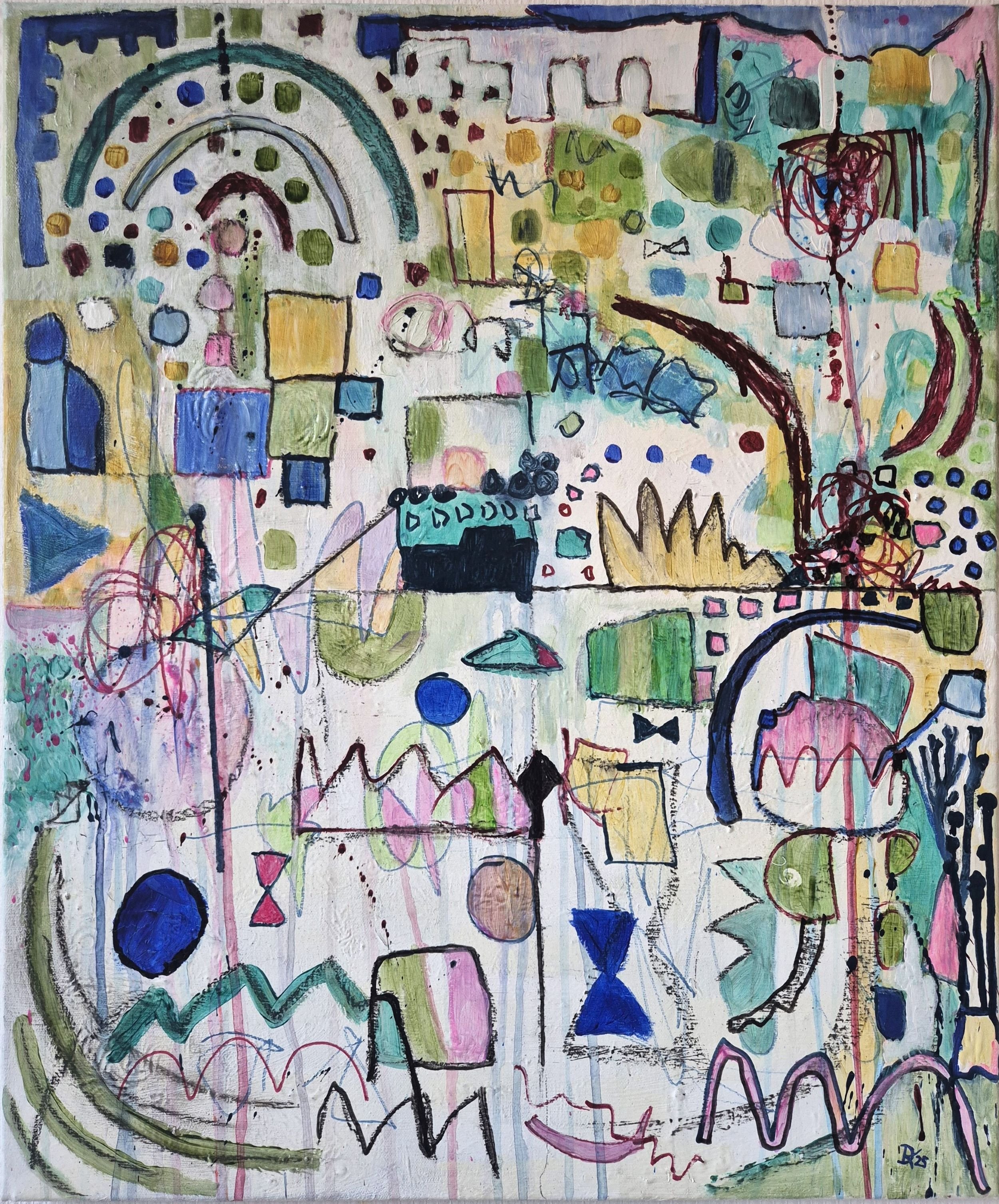 Abstract painting “Coloured Dreams – Playground” (2024) by Daniela Knobel, featuring playful geometric forms, layered color fields, and gestural lines in a dynamic, open composition.