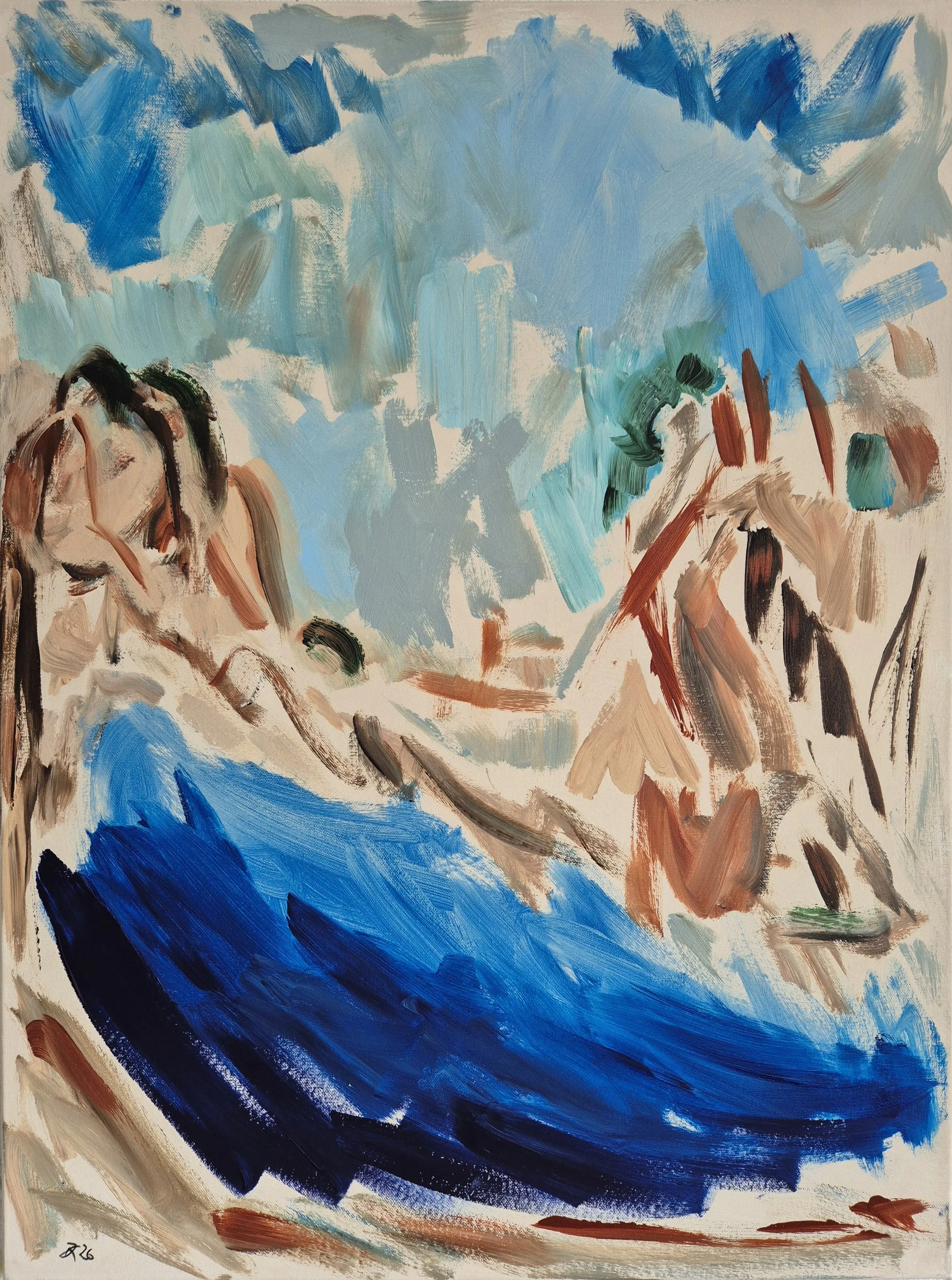 Where the Water Brought Us, abstract painting by Daniela Knobel with expressive blue water and warm rocky forms.