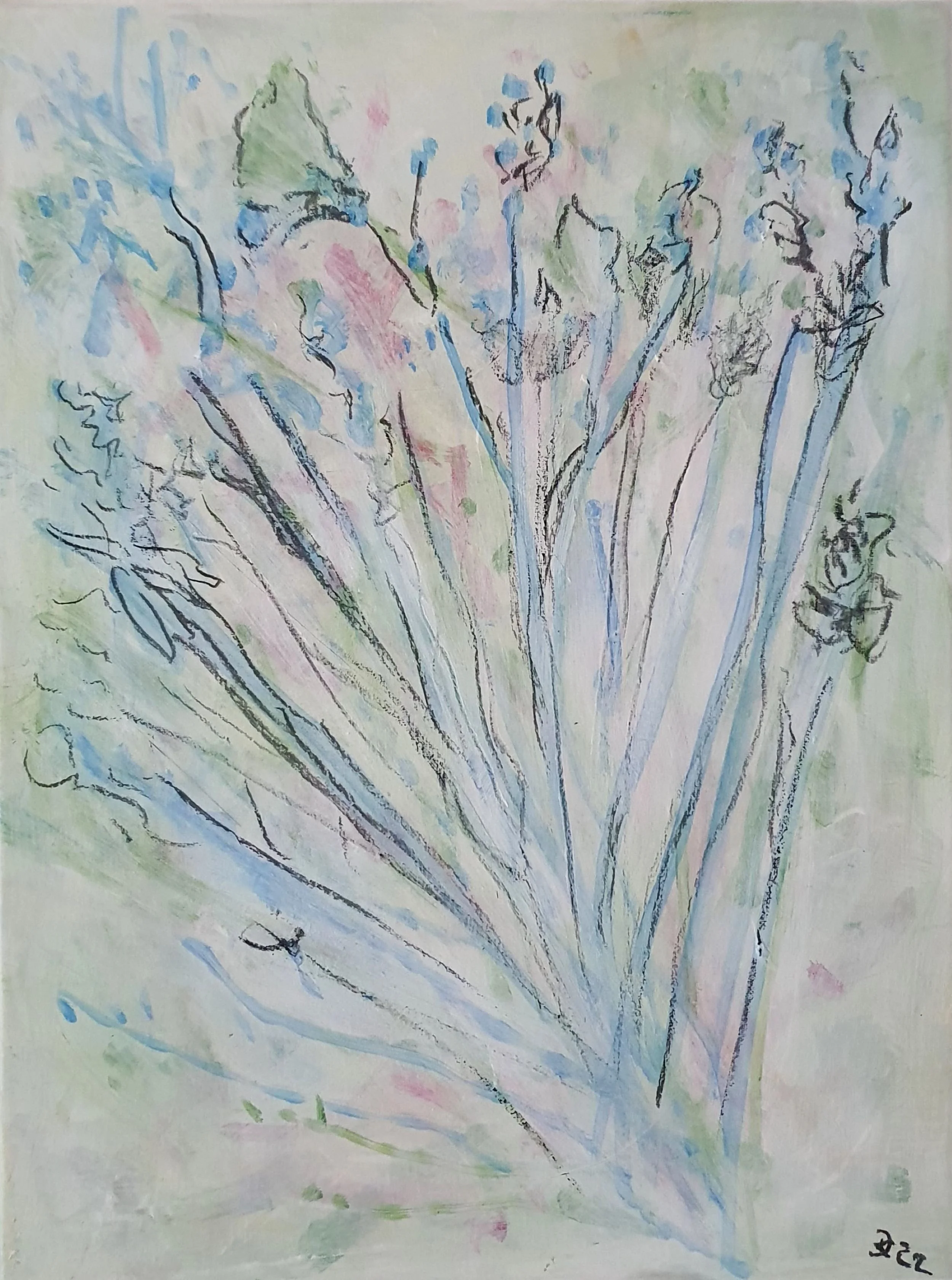 Abstract botanical study “Blue Field Studies III” (2022) by Daniela Knobel, featuring delicate linear plant forms in soft blue and pastel tones, with a light, airy and contemplative quality.