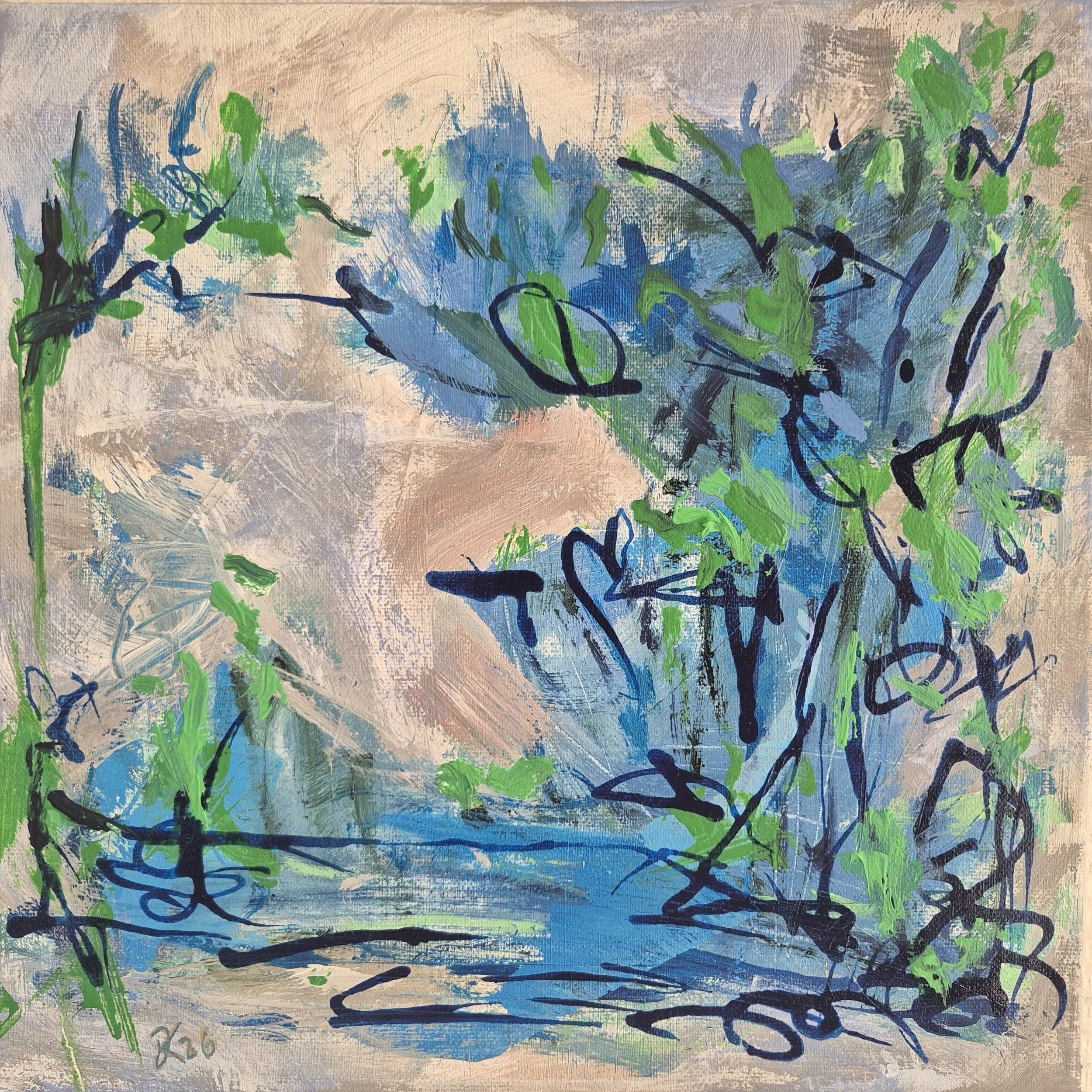 Abstract painting with blue lines, fresh green marks and soft beige layered passages, suggesting meadows, water and a remembered natural place.