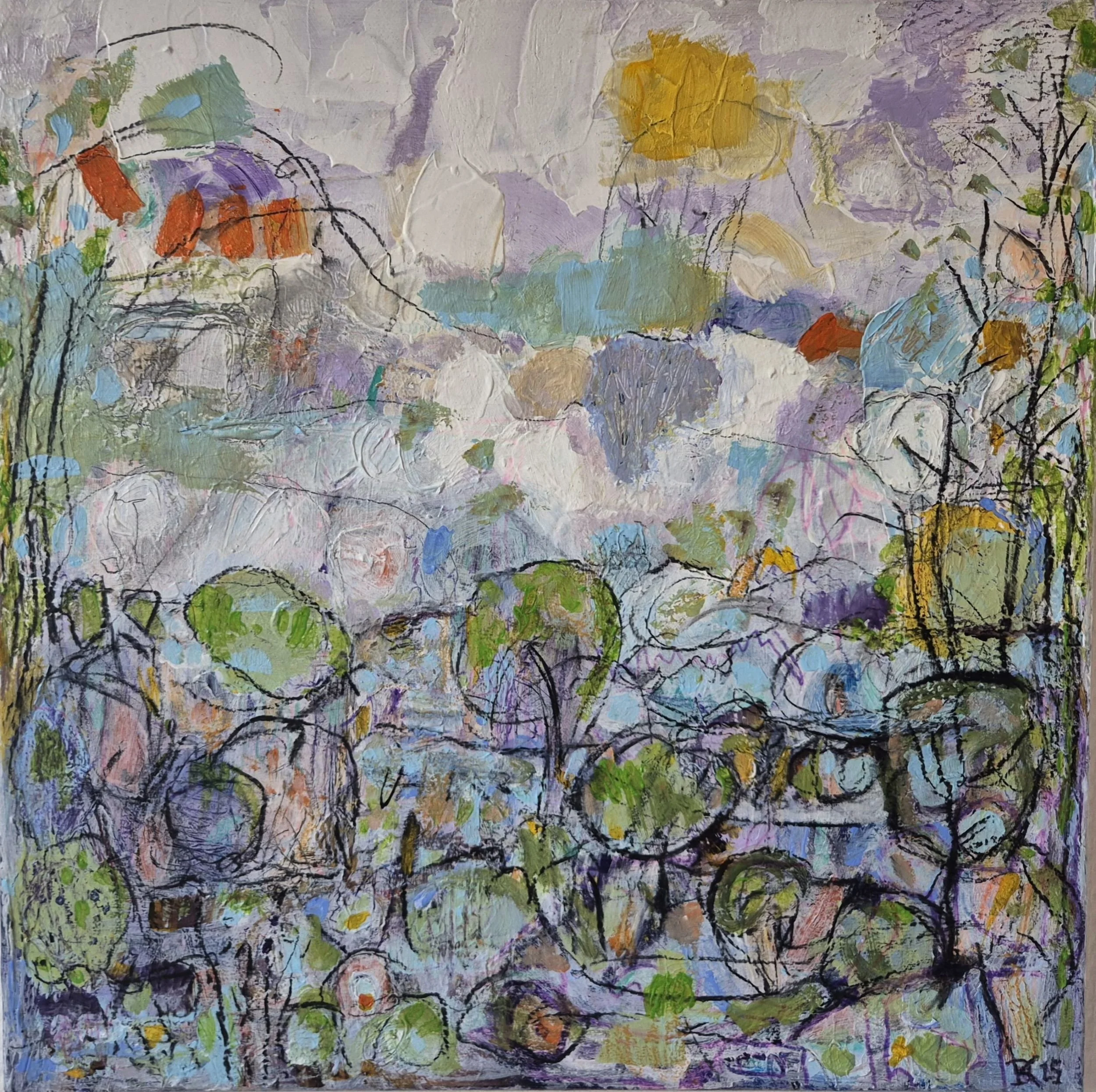 Frontal view of the abstract painting Dreamscape Harmony (2025) by Daniela Knobel, with layered pastel colors, gestural marks, and rhythmic line structures.