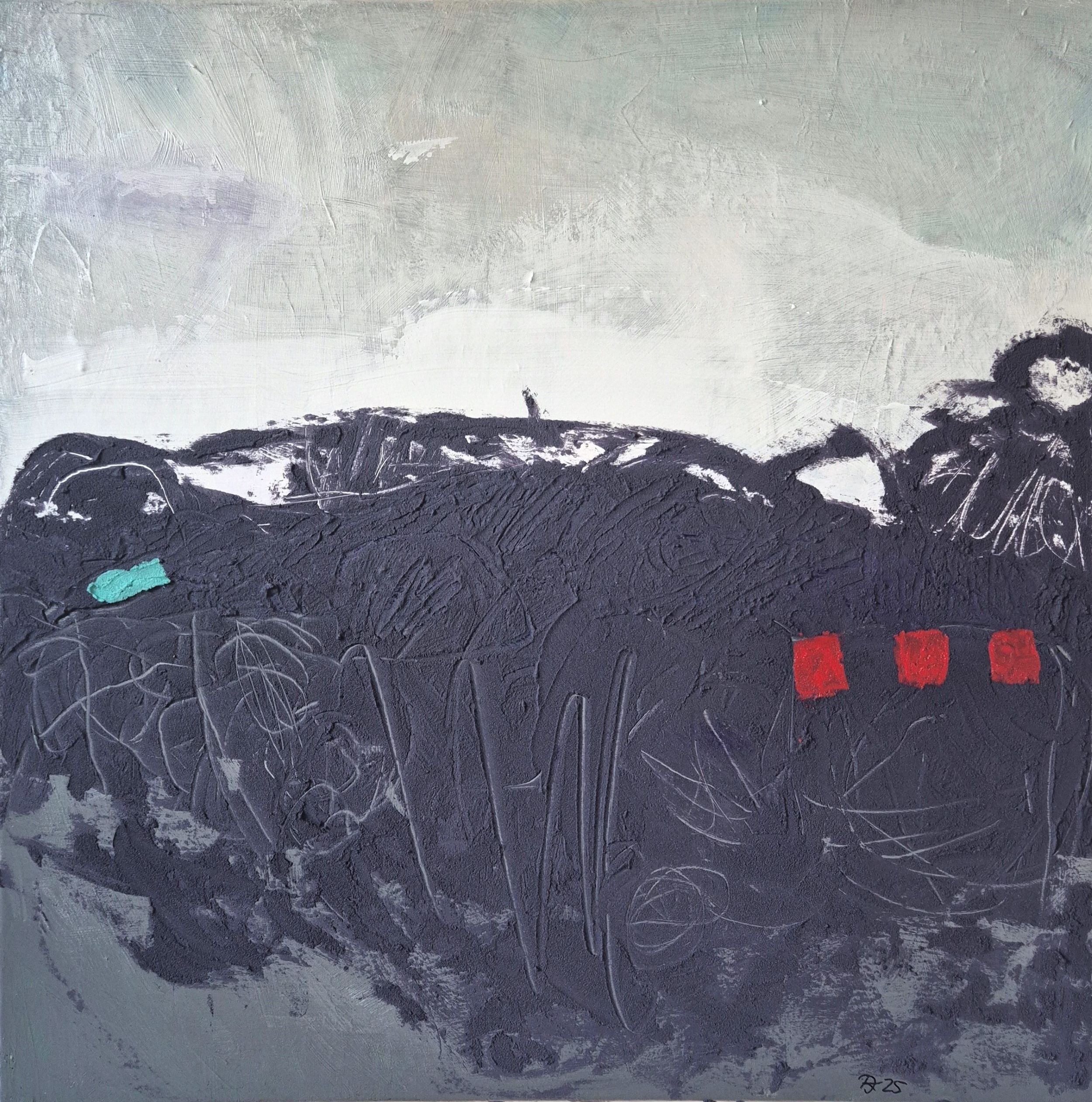 Frontal view of the abstract painting Resisting the Binaries (2025) by Daniela Knobel, featuring a dark textured field with incised lines and small red geometric accents.