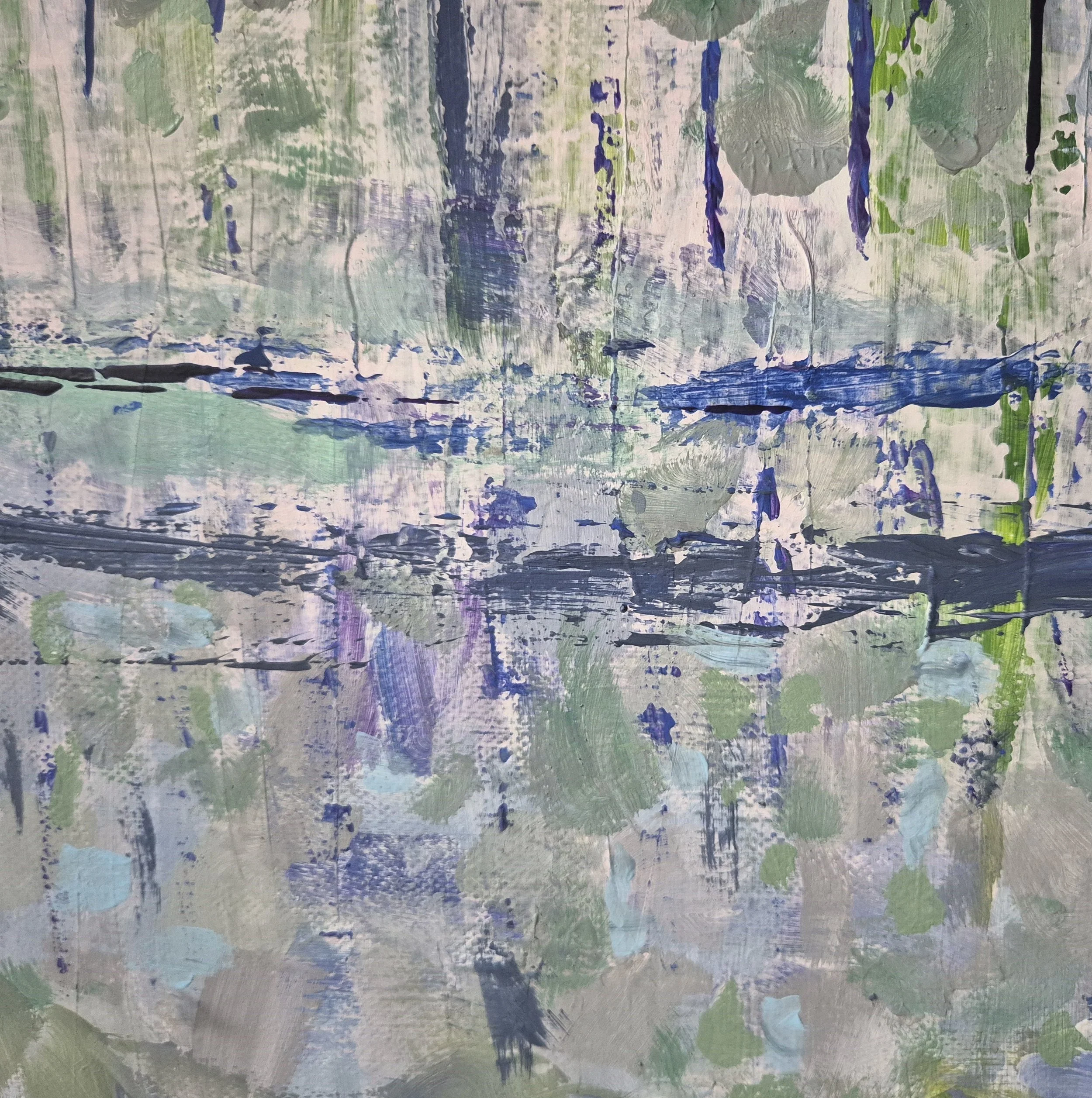 Close-up of layered paint textures evoking water reflections in soft blue, green, and grey tones.