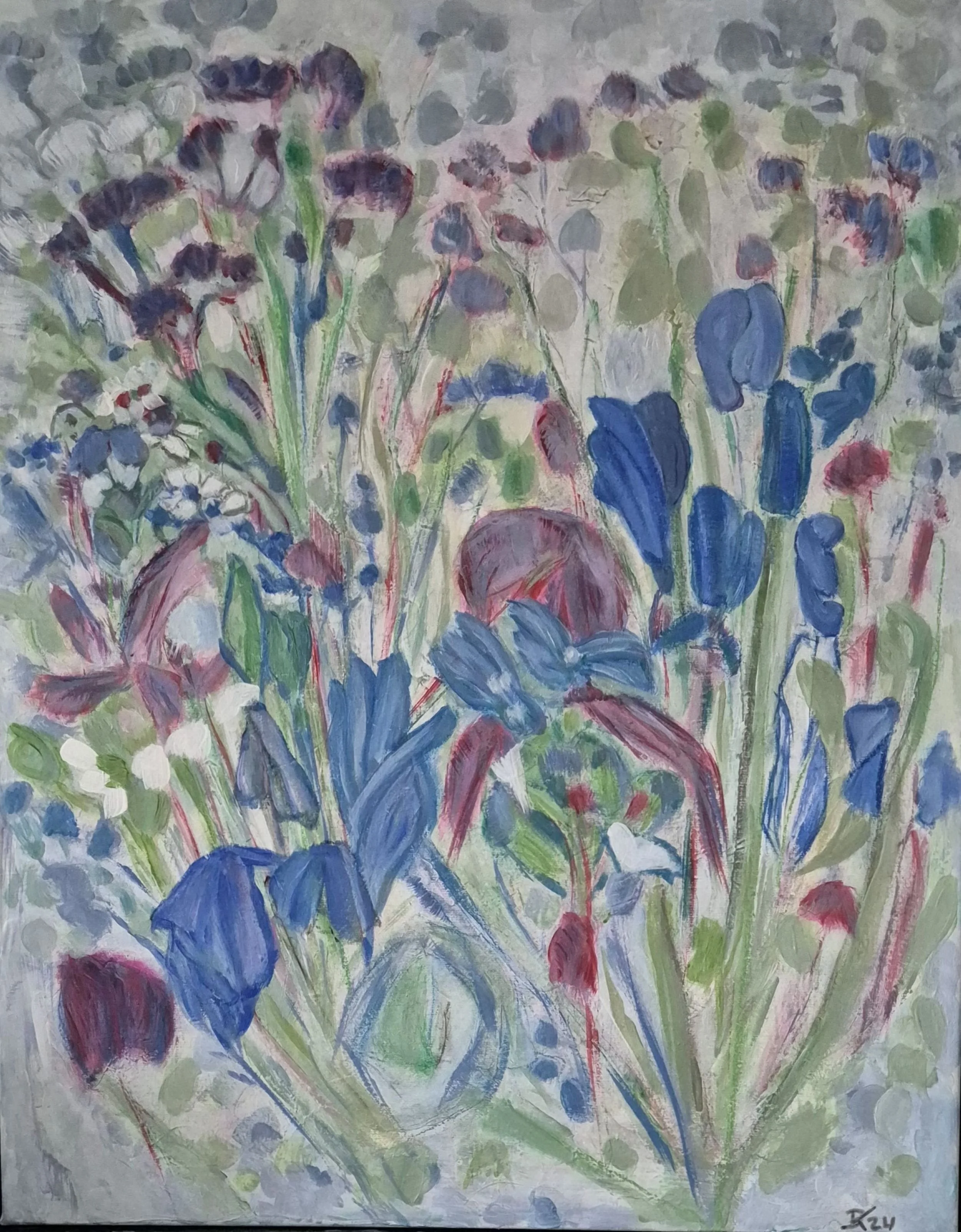 Abstract floral painting “Blue Field Studies IV” (2022) by Daniela Knobel, with layered blue and green flower forms, soft brushstrokes and a calm, airy atmosphere.