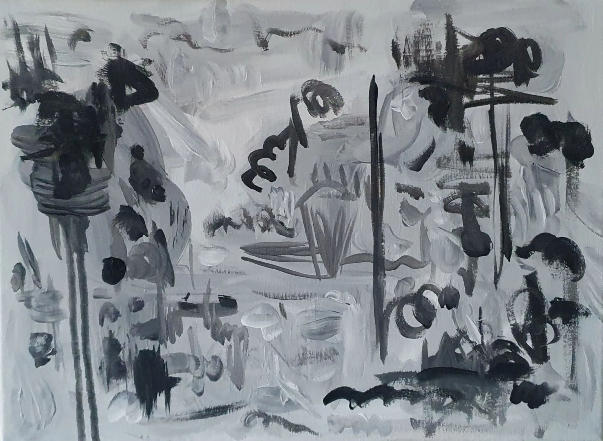 Monochromatic abstract painting “Monochromatic Exploration” (2024) by Daniela Knobel, exploring gesture, rhythm, and contrast in layered grey and black brushstrokes.