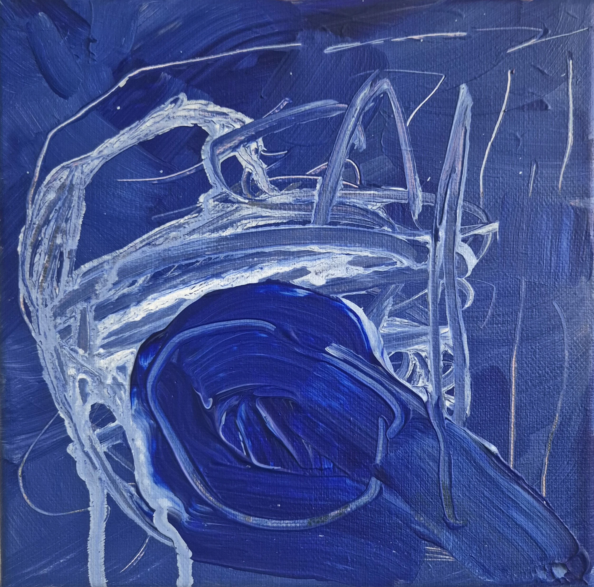 Contemporary abstract painting with deep ultramarine blue forms, layered white gestural lines, and translucent markings on a dark blue background.