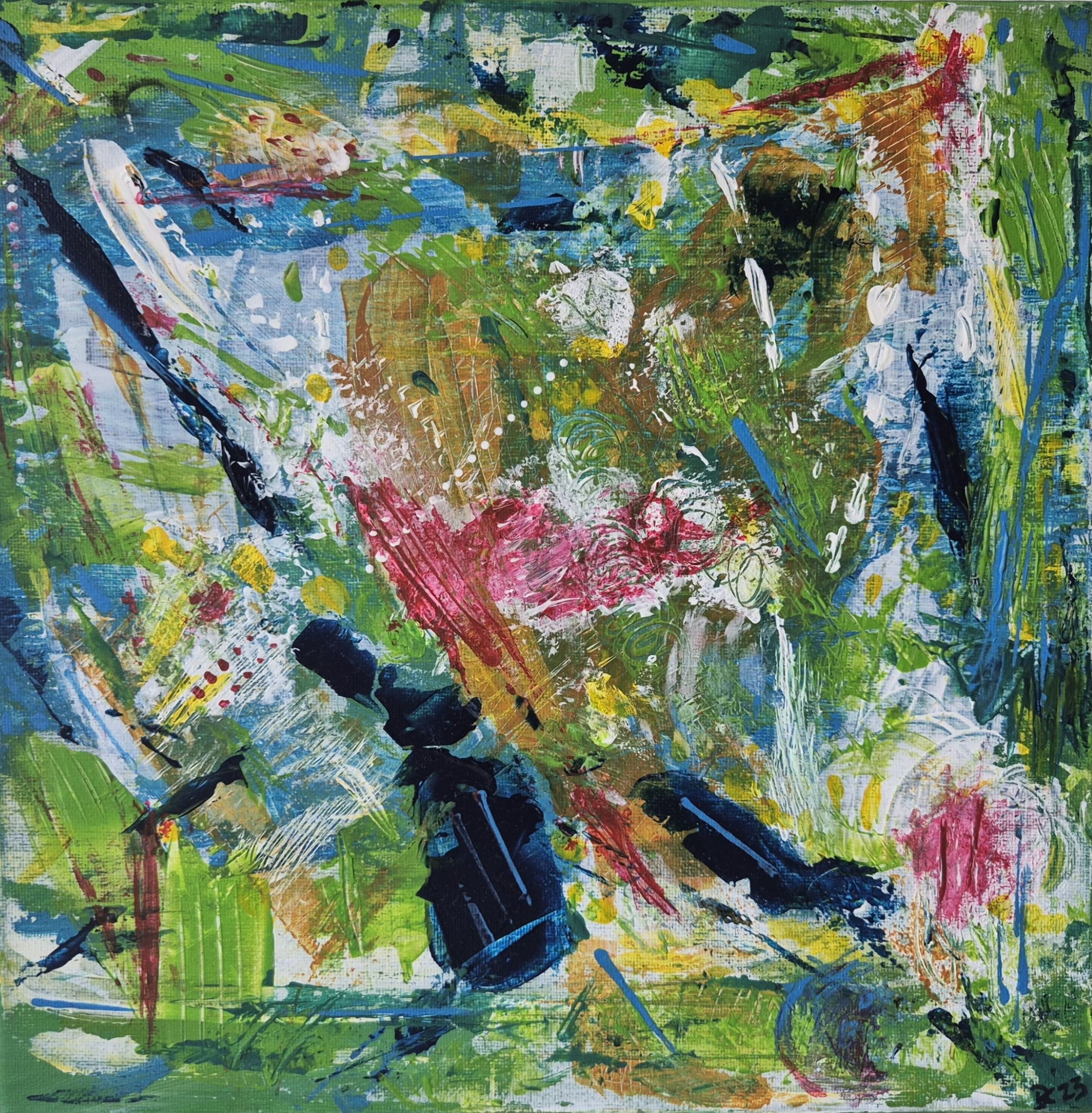 Abstract painting “Moving Ground” (2023) by Daniela Knobel, with layered brushstrokes in green, blue, and red tones, suggesting motion and instability within a shifting landscape.