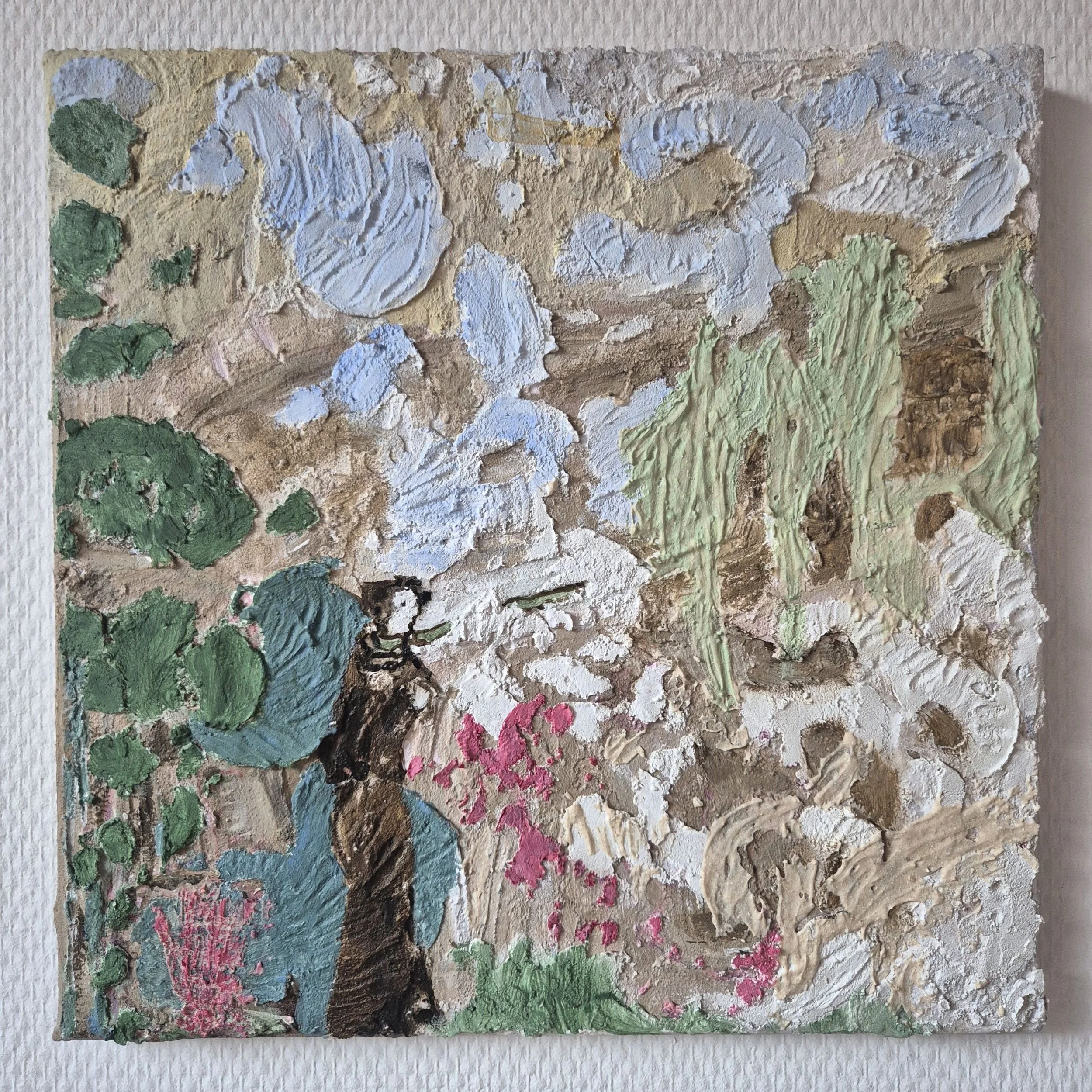 Frontal view of the abstract painting Retrospective Reflection (2025) by Daniela Knobel, showing layered textures, earthy tones, and subtle pastel accents on a square canvas.