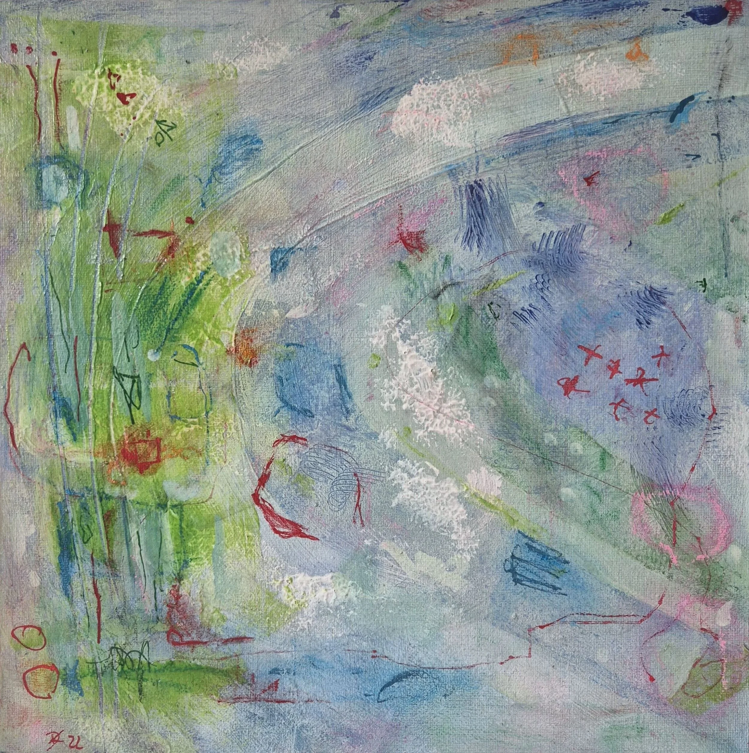 Frontal view of the abstract painting Scribbles in a Light Breeze (2022) by Daniela Knobel, featuring layered pastel tones with gestural marks, lines, and subtle color accents.