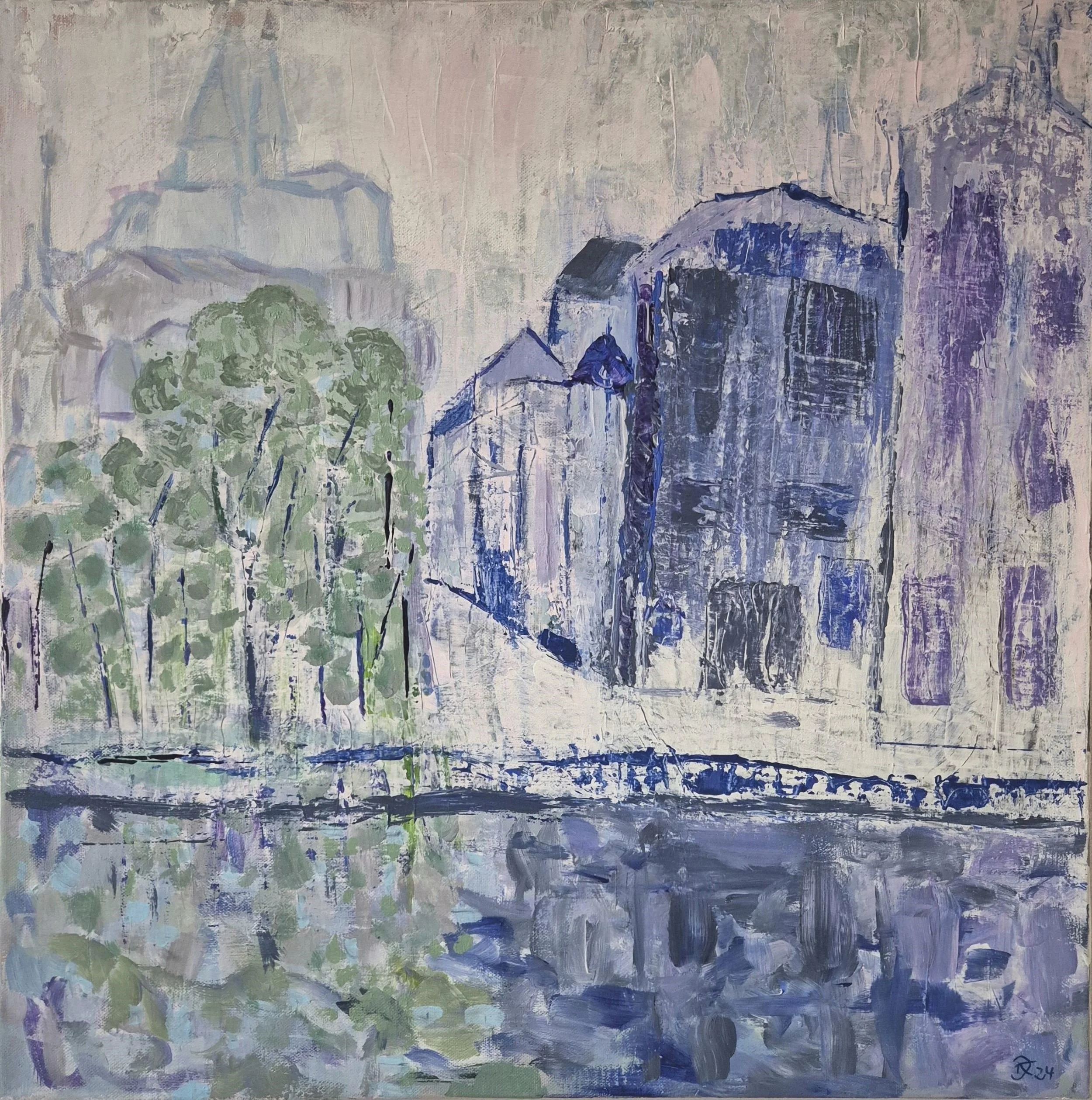 Abstract painting City Reflection (2024) by Daniela Knobel, exploring the transition between urban structures and landscape.