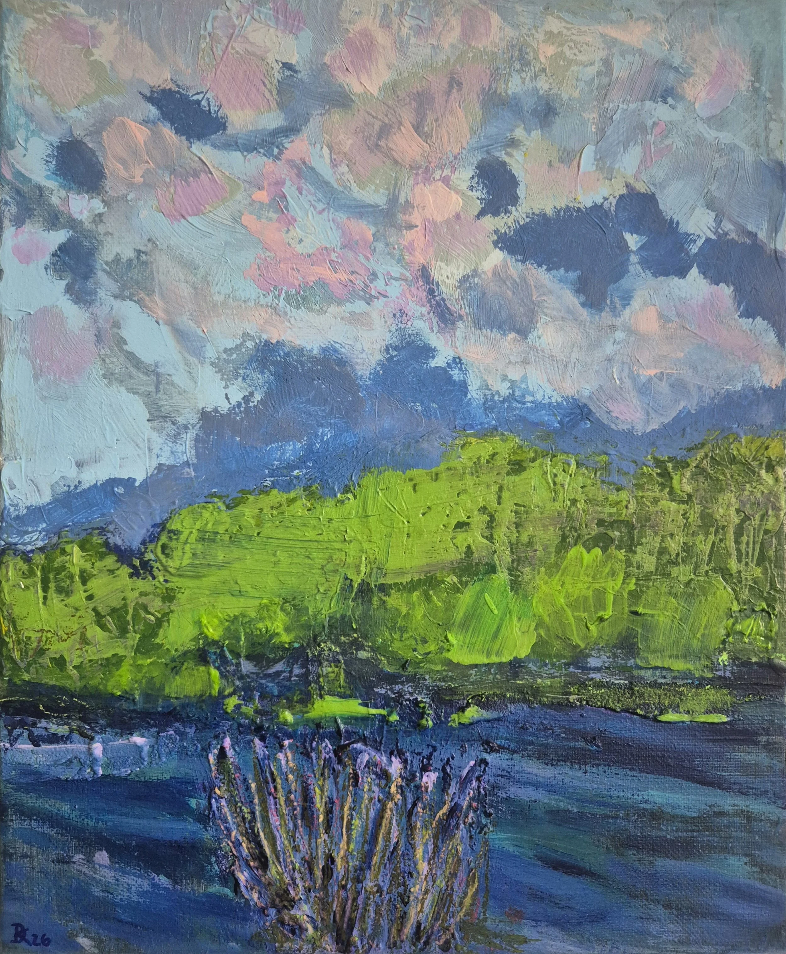 Contemporary abstract landscape painting with layered green land forms and blue water beneath a soft sky of pink and grey tones, by Daniela Knobel.