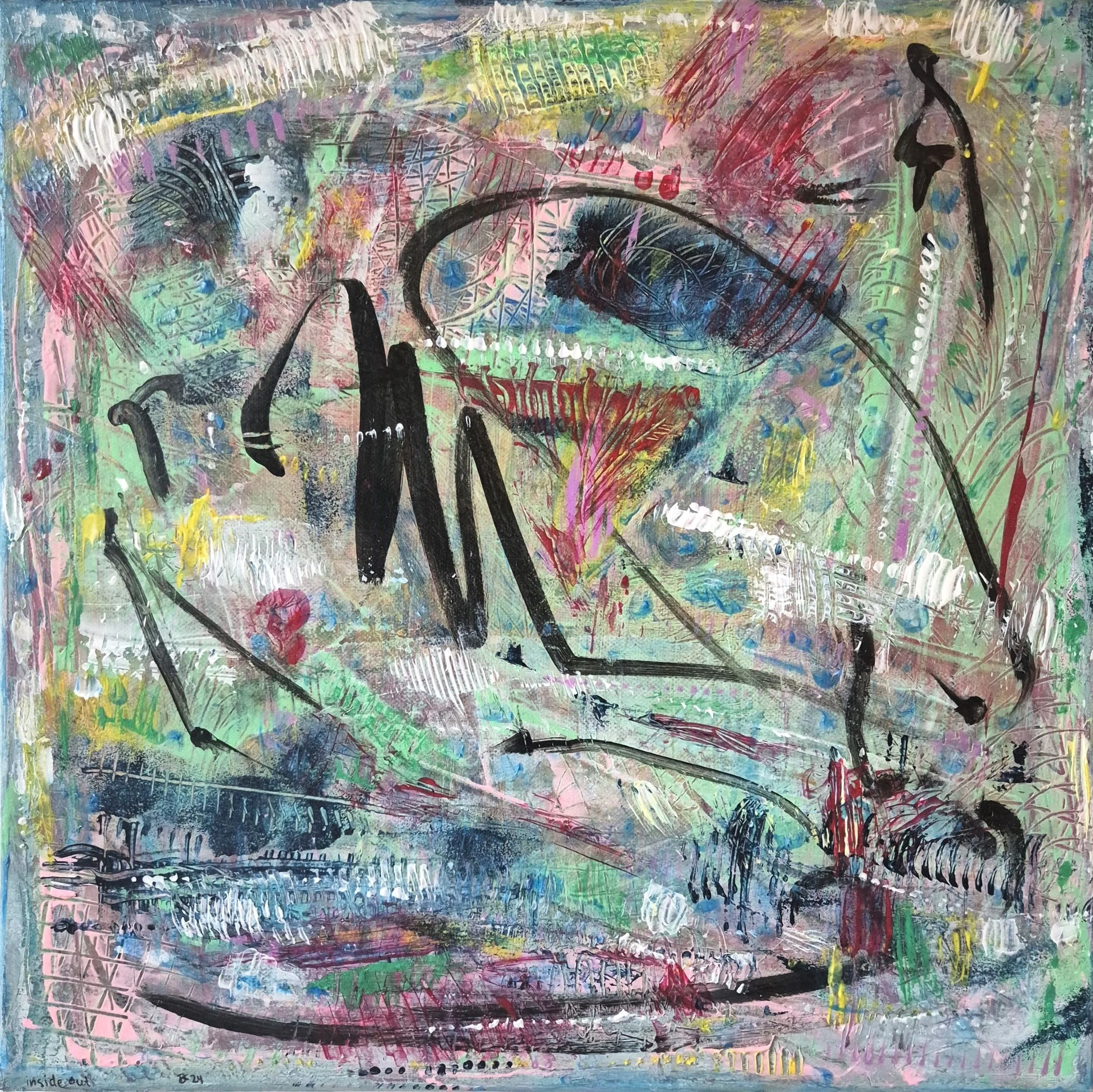 Abstract painting by Daniela Knobel with layered textures, gestural black lines, and vivid multicolour fields.