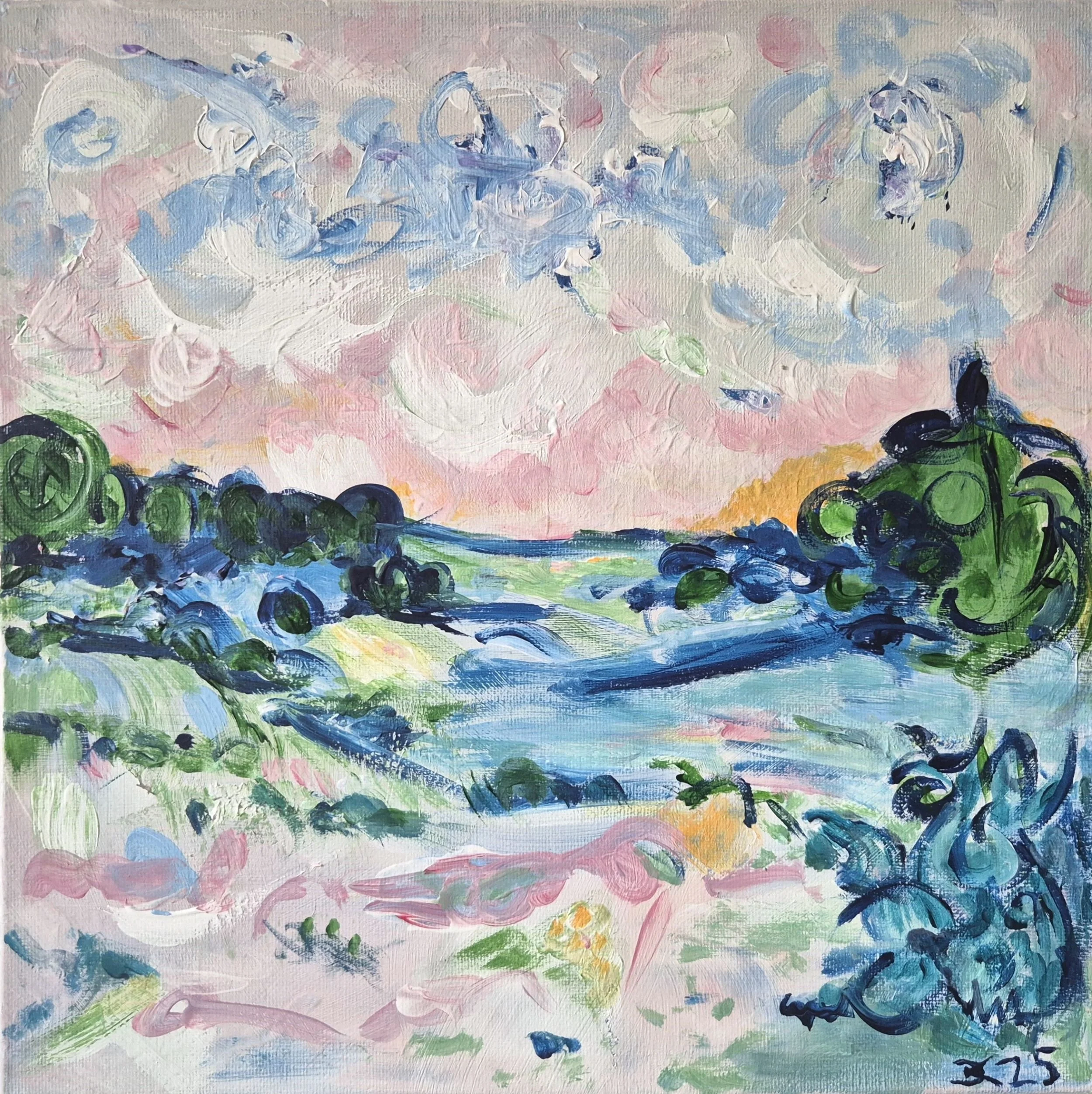 Frontal view of the abstract painting Landscape at Sunset (2025) by Daniela Knobel, showing layered brushstrokes in soft blue, green, and pastel tones suggesting water and evening light.