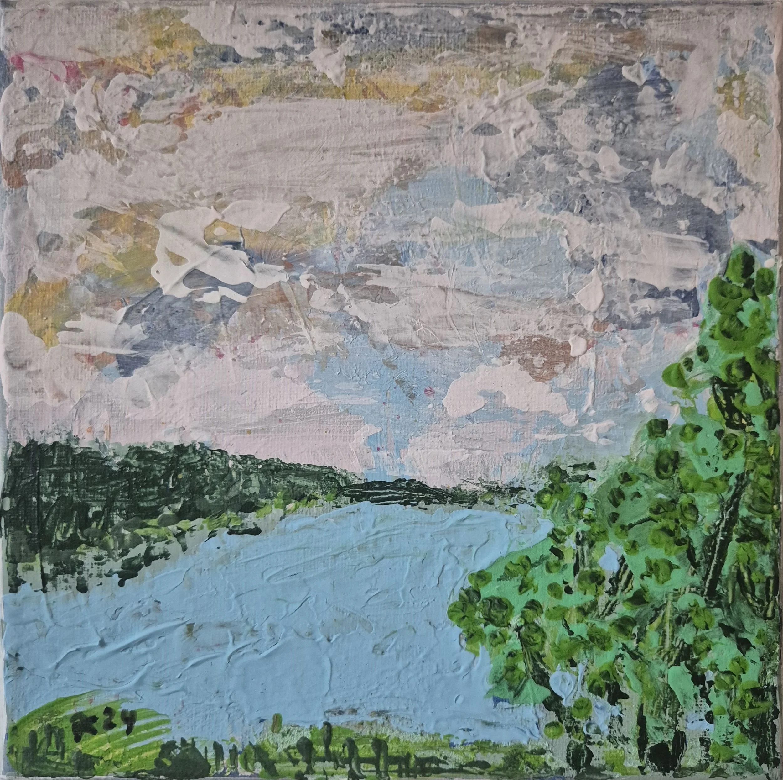 Frontal view of the abstract landscape painting Quiet Dutch Waters (2024) by Daniela Knobel, showing layered brushwork, muted blue water, green foliage, and a soft atmospheric sky.
