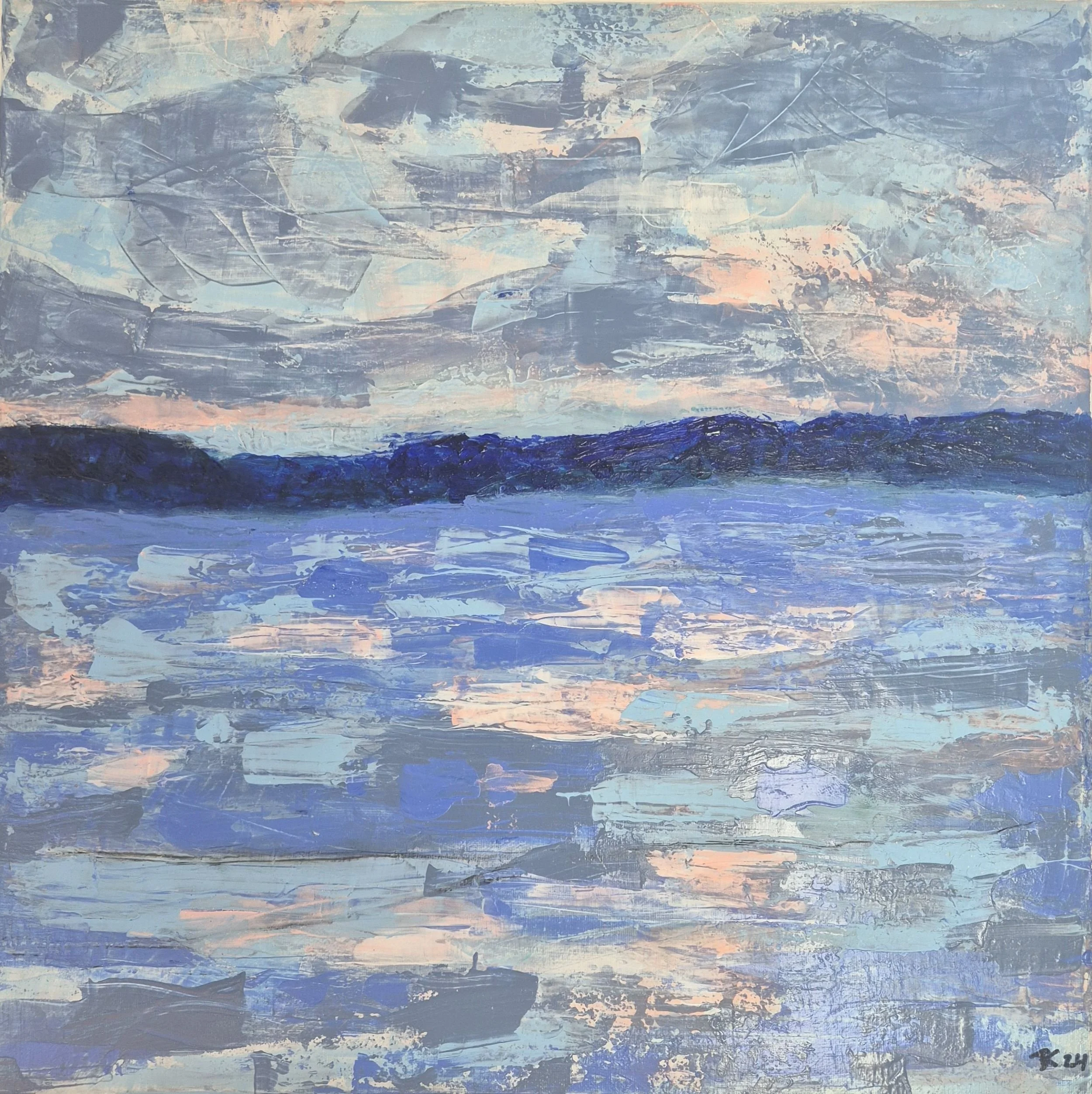Frontal view of the abstract painting Blue Day’s End (2024) by Daniela Knobel, showing layered blue and grey tones with subtle warm highlights and a horizontal horizon line.