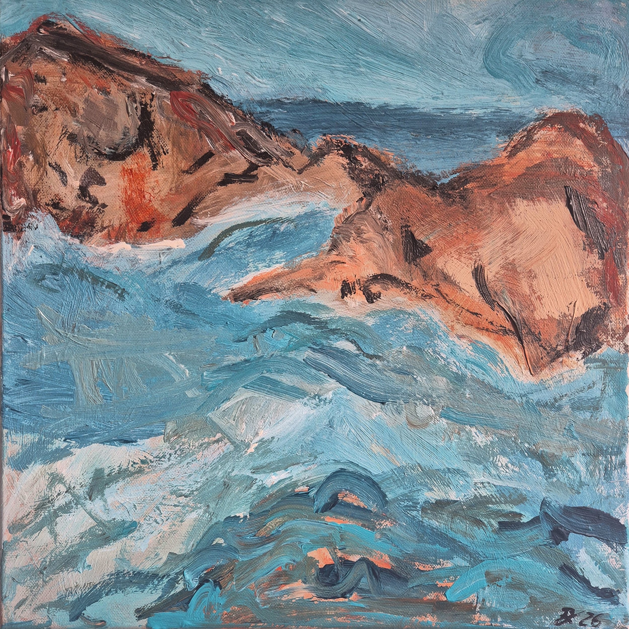 Abstract acrylic painting Into the Open Blue by Daniela Knobel, with blue water moving between warm rugged rock forms in a Mediterranean coastal landscape.`