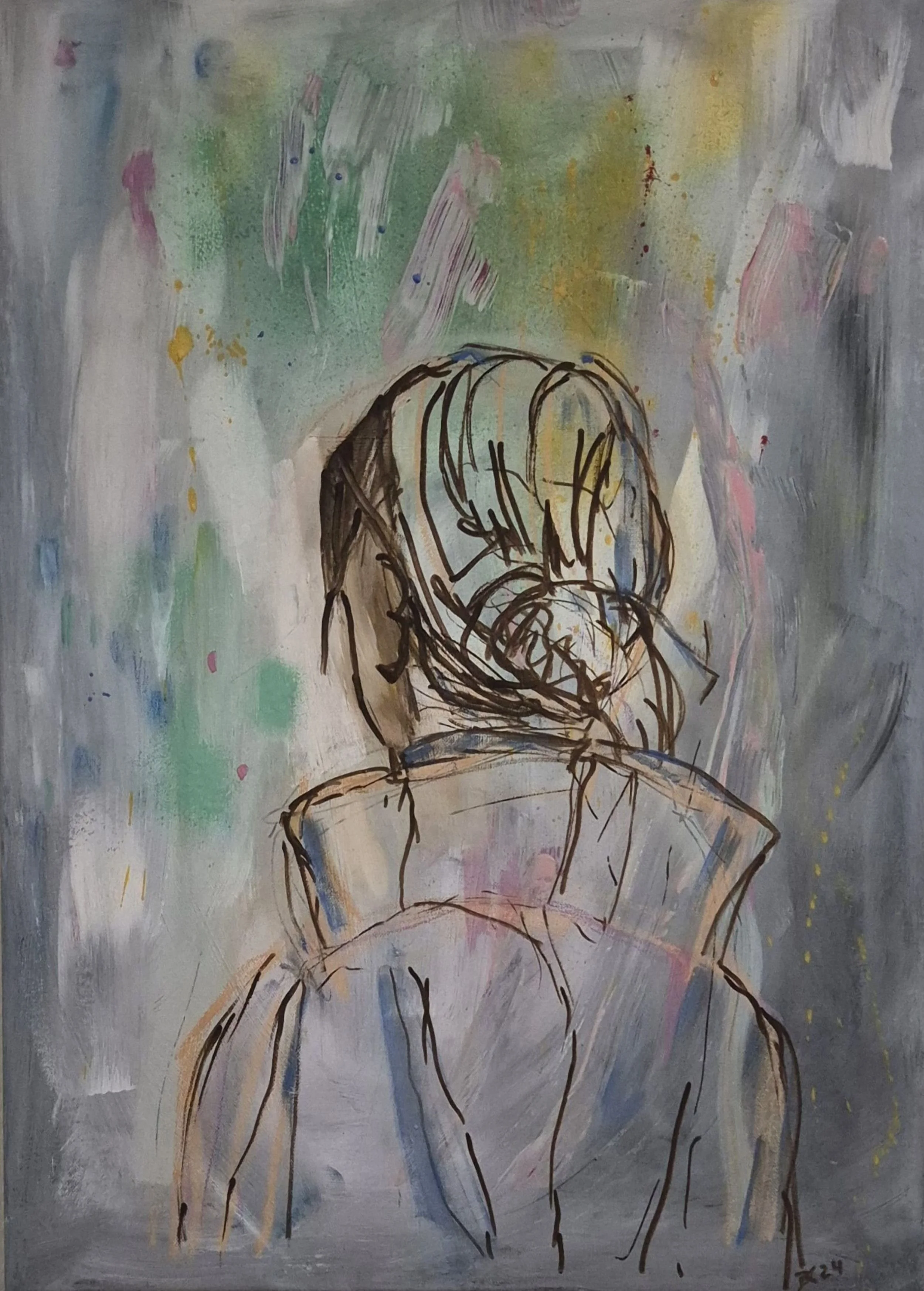 Figurative painting “Looking Out” (2024) by Daniela Knobel, showing a loosely drawn figure seen from behind, rendered in layered muted tones with expressive line work and a contemplative atmosphere.