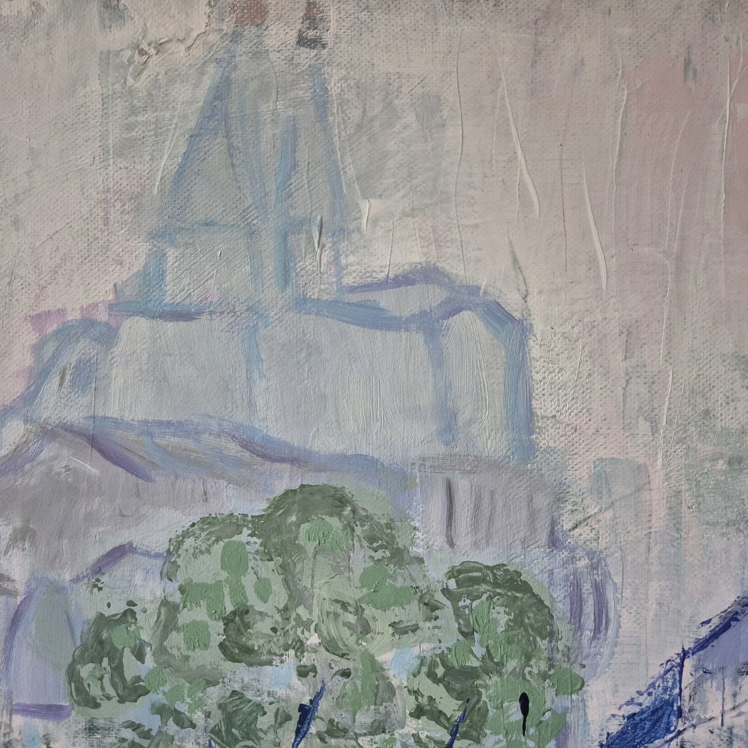 Detail of layered brushstrokes forming abstract building structures in blue and grey tones.