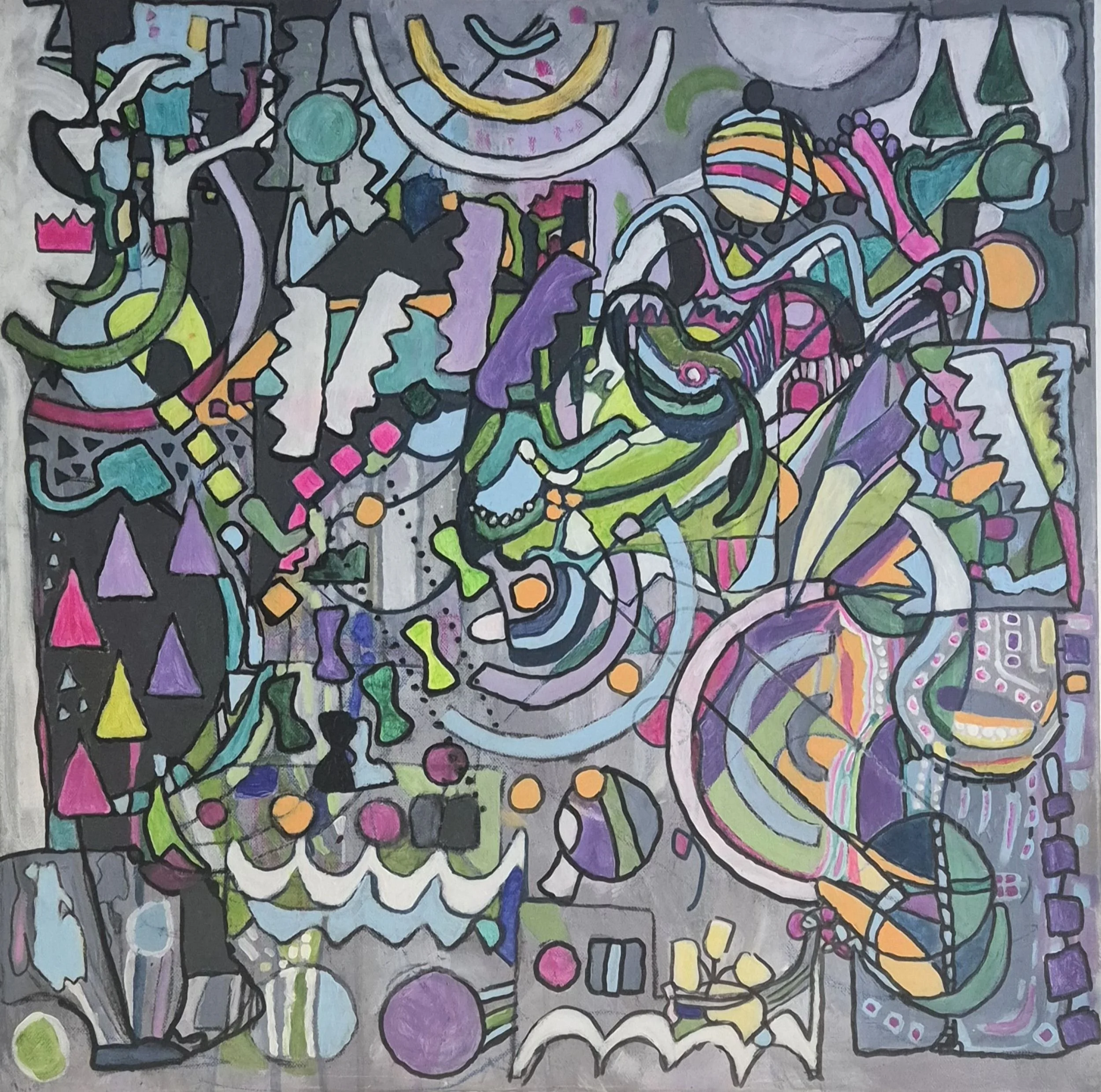 Abstract painting “Coloured Dreams – Zigzag” (2025) by Daniela Knobel, featuring dynamic geometric forms, bold outlines, and layered color patterns in a lively, rhythmic composition.